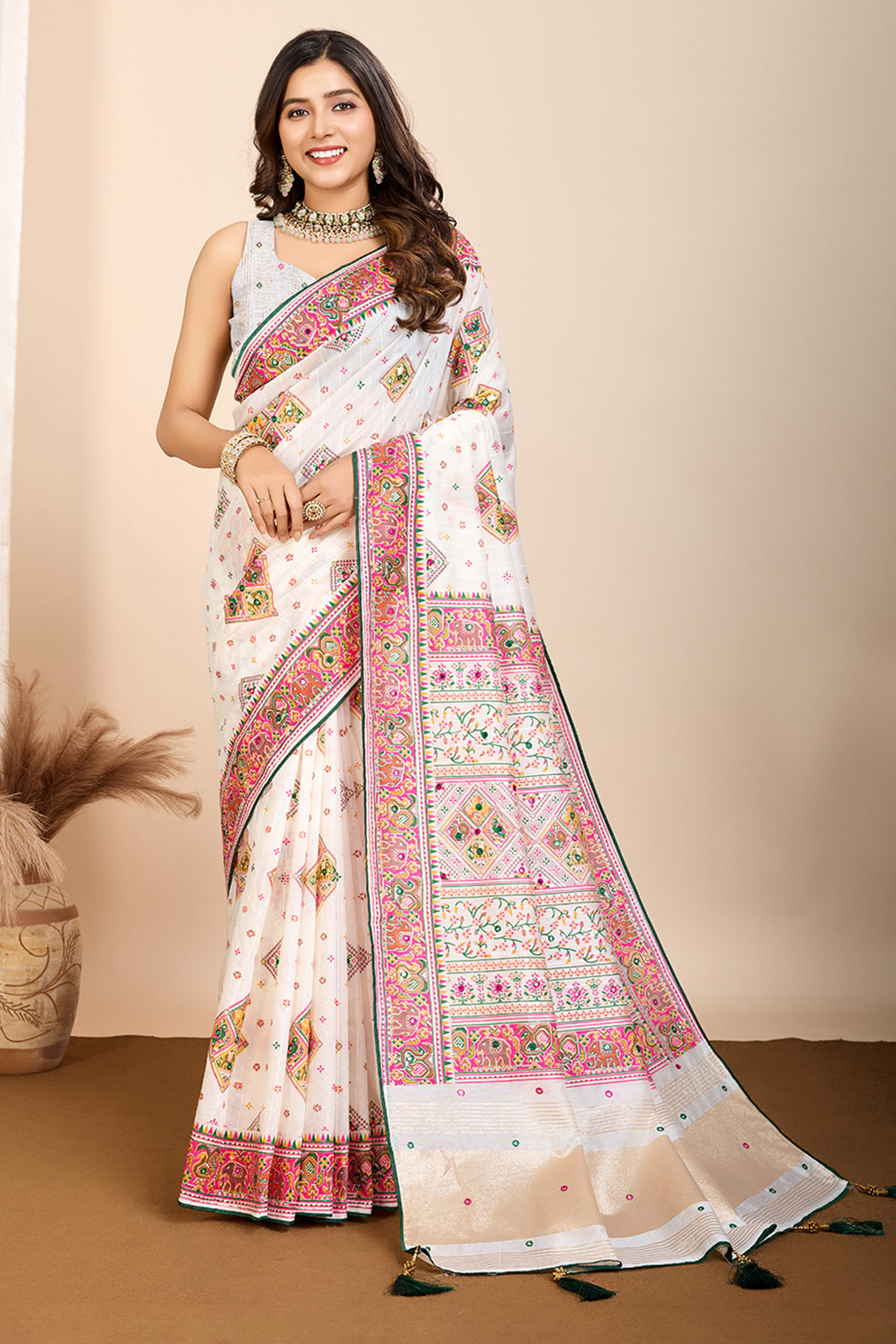 Off White Patola Printed Cotton Silk Saree