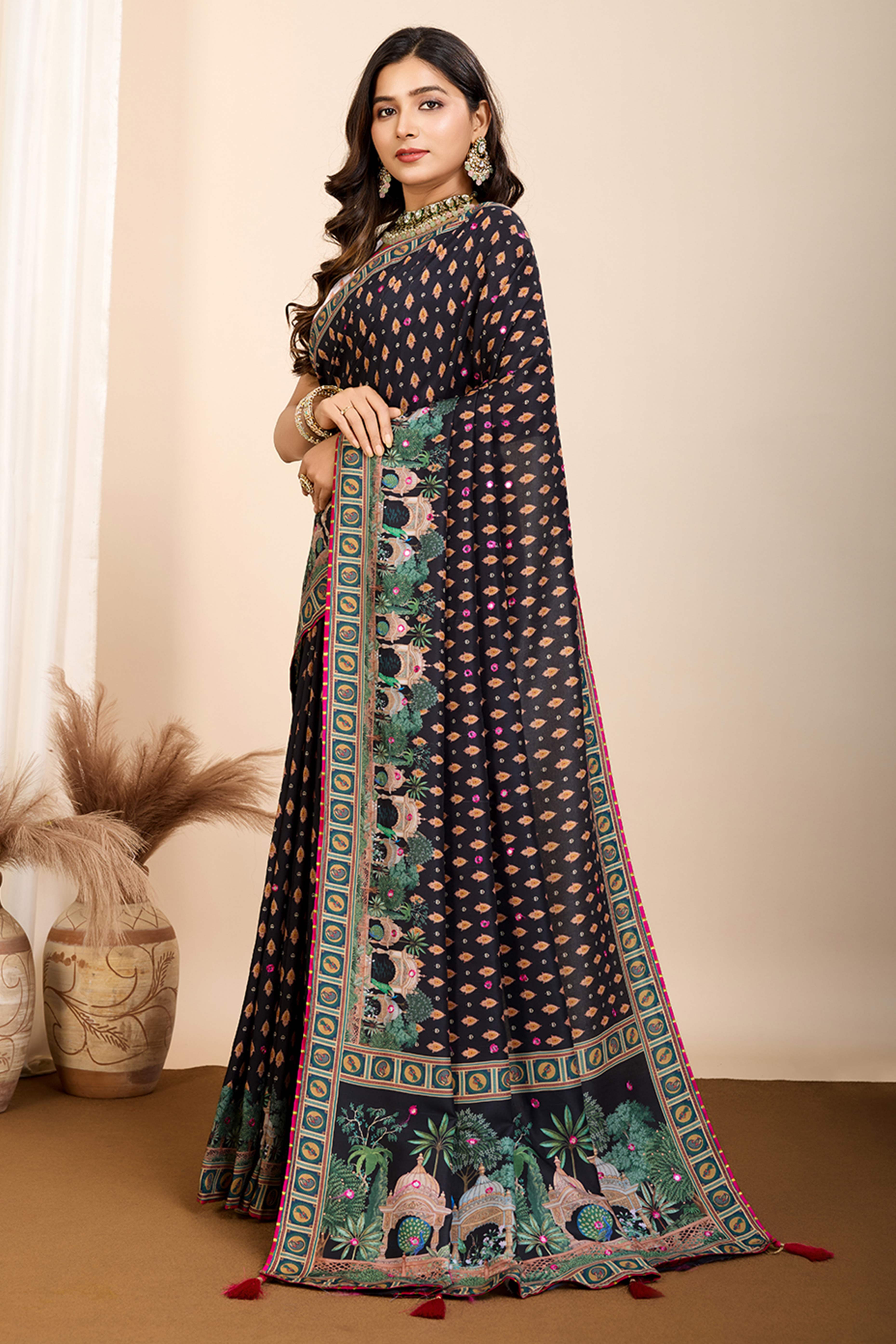 Black Mirror Work Bandhani Printed Muslin Saree