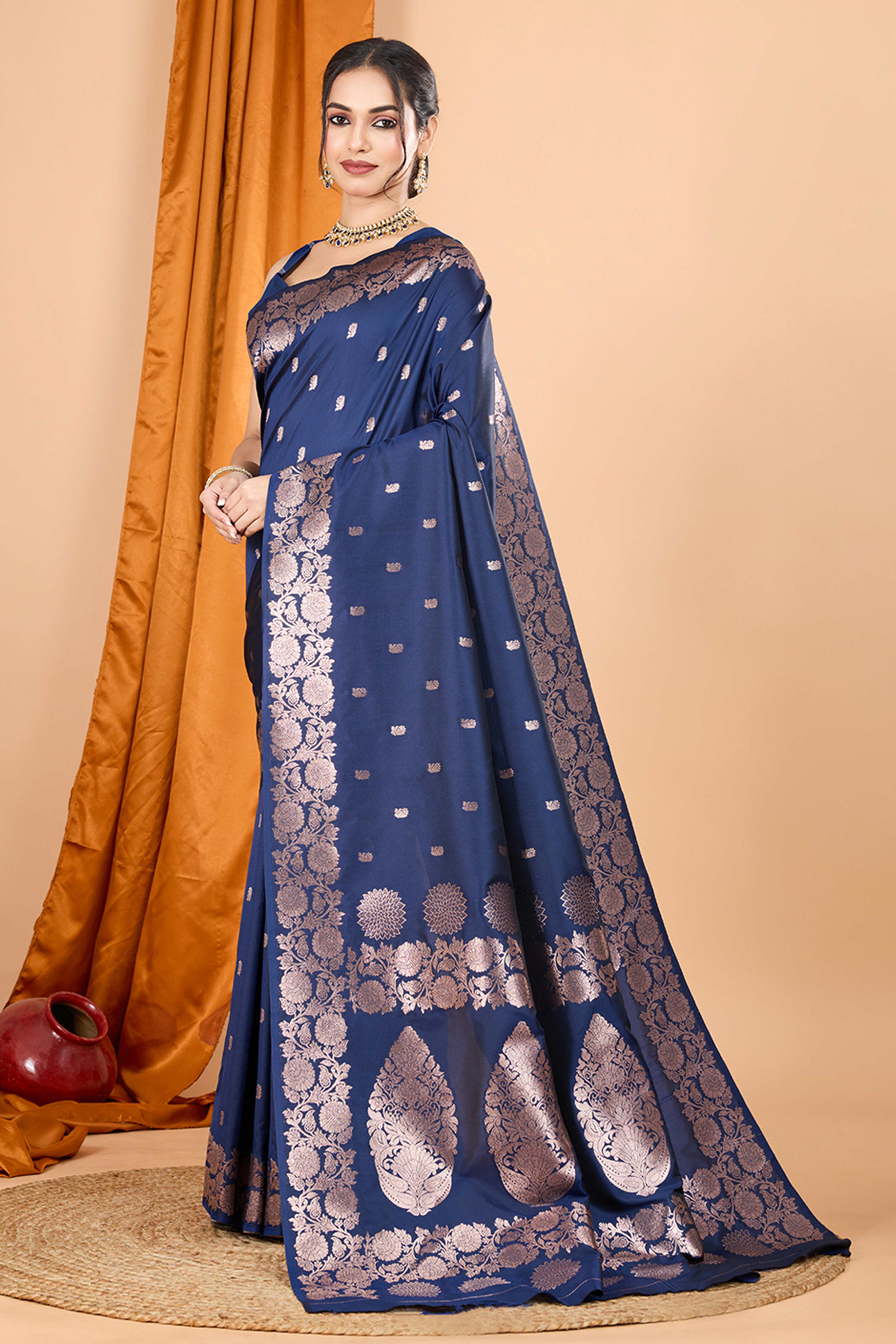 Navy Blue Banarasi Silk Saree With Intricate Floral Zari Weaving