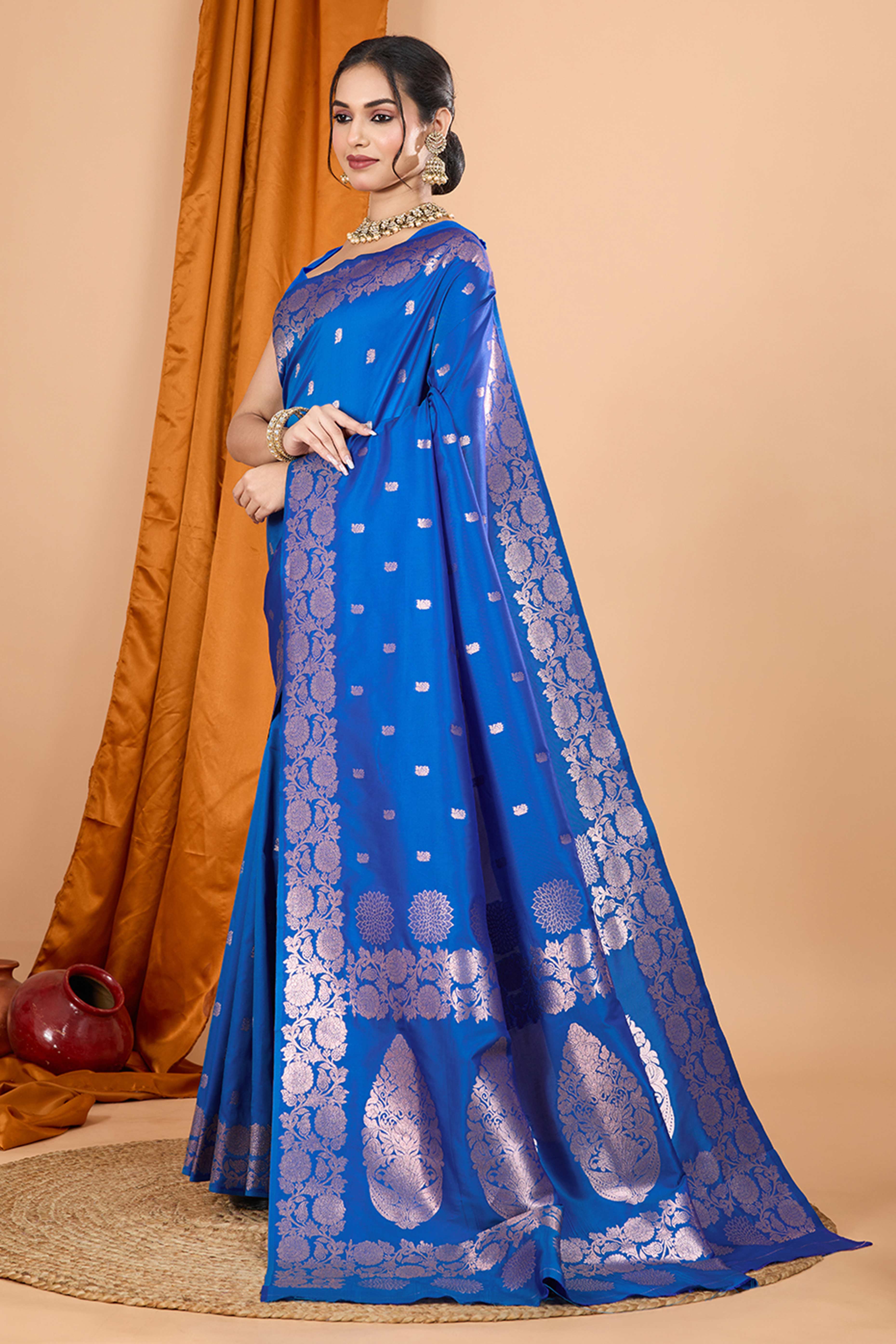 Royal Blue Banarasi Silk Saree With Intricate Floral Zari Weaving