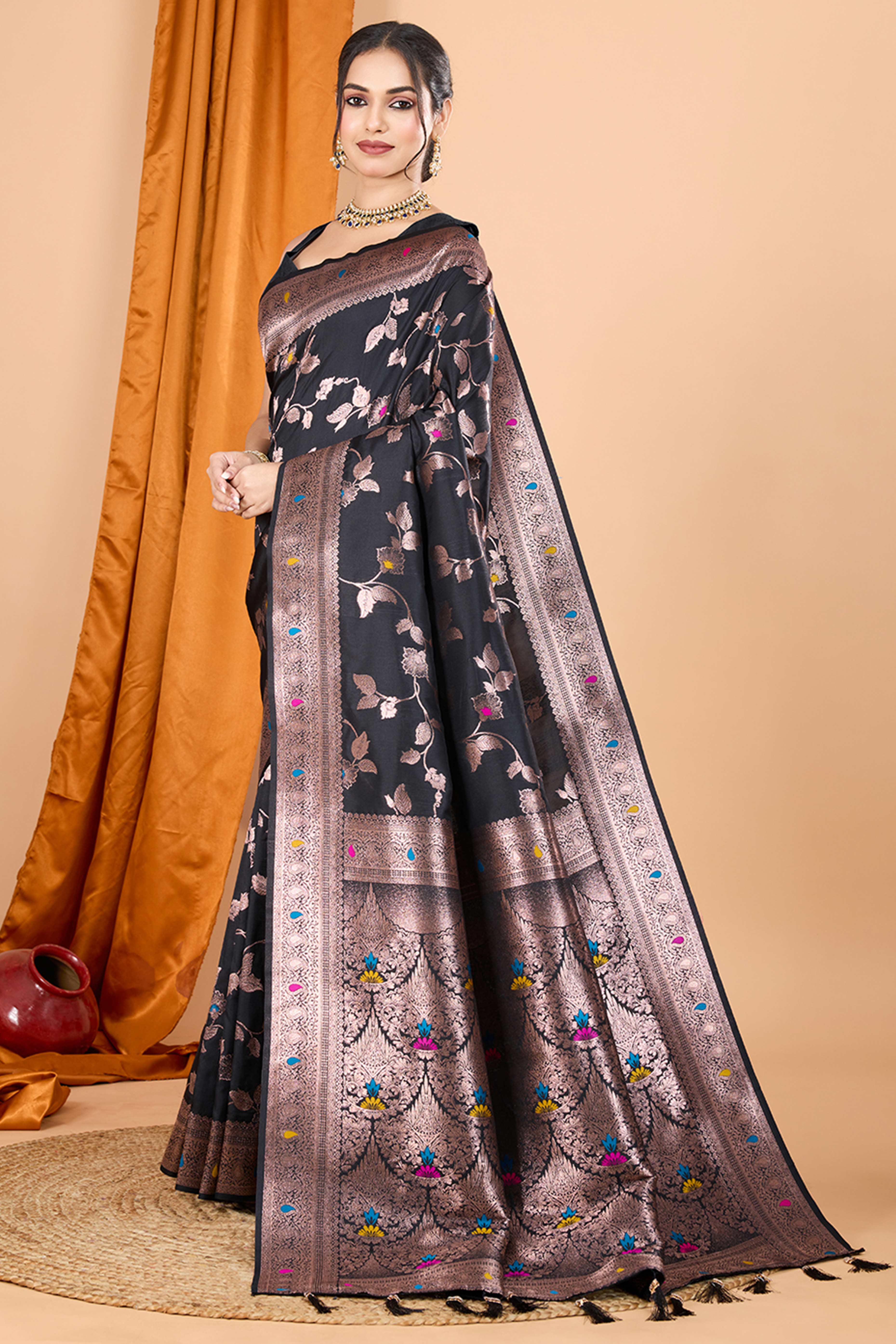 Black Banarasi Silk Saree With Exquisite Floral Zari Weaving and Elegant Tassels