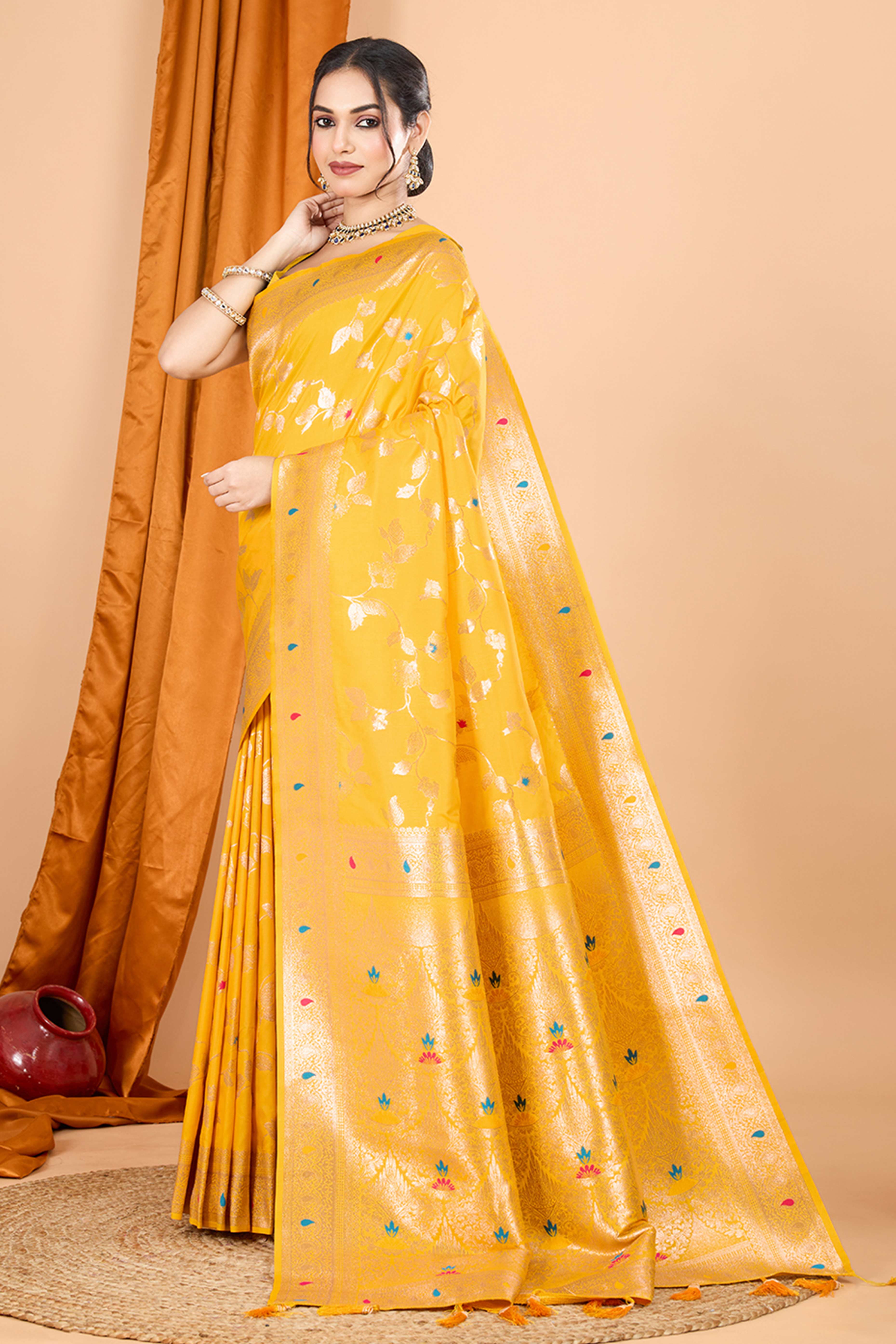 Yellow Banarasi Silk Saree With Exquisite Floral Zari Weaving and Elegant Tassels