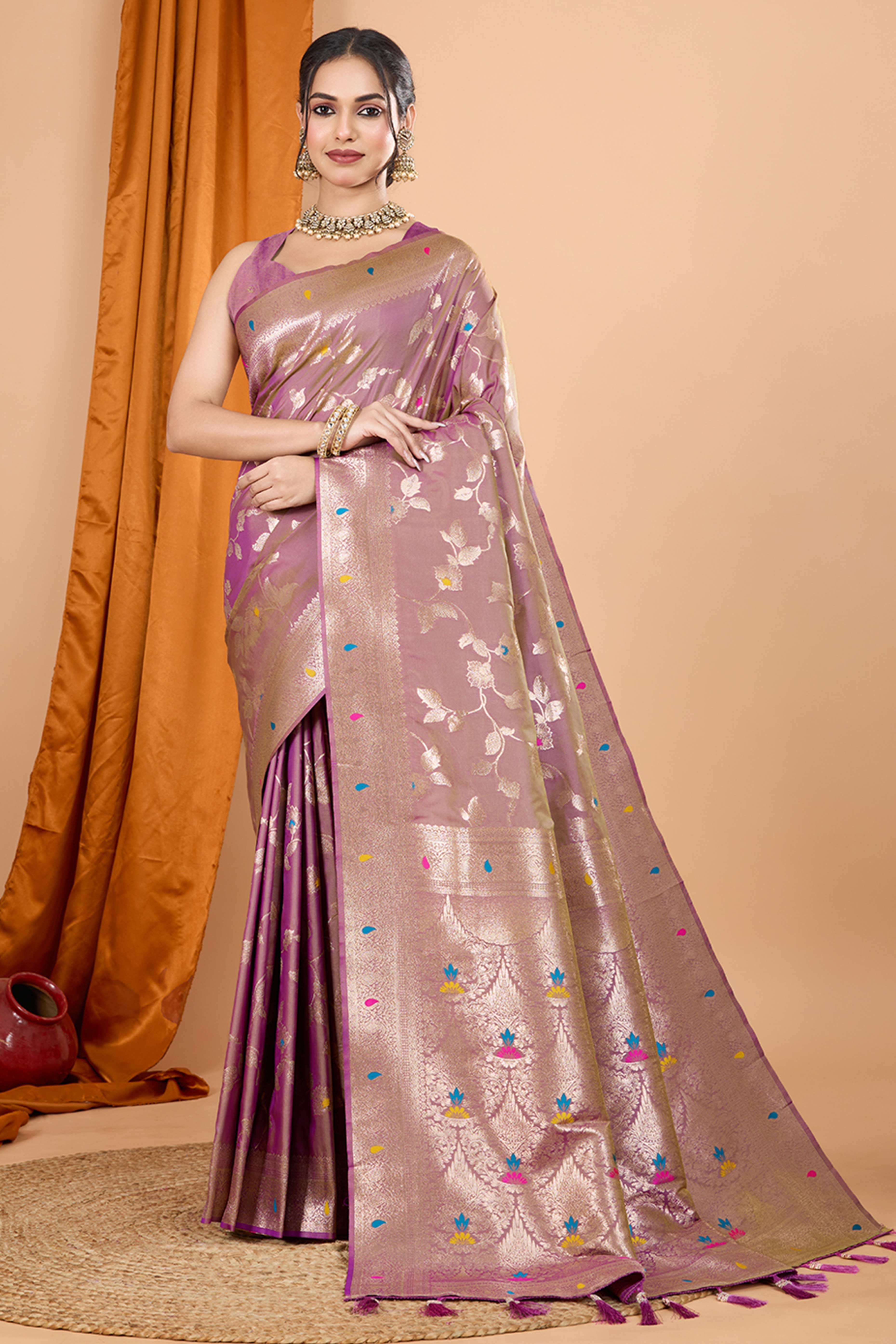Lilac Lavender Banarasi Silk Saree With Exquisite Floral Zari Weaving and Elegant Tassels