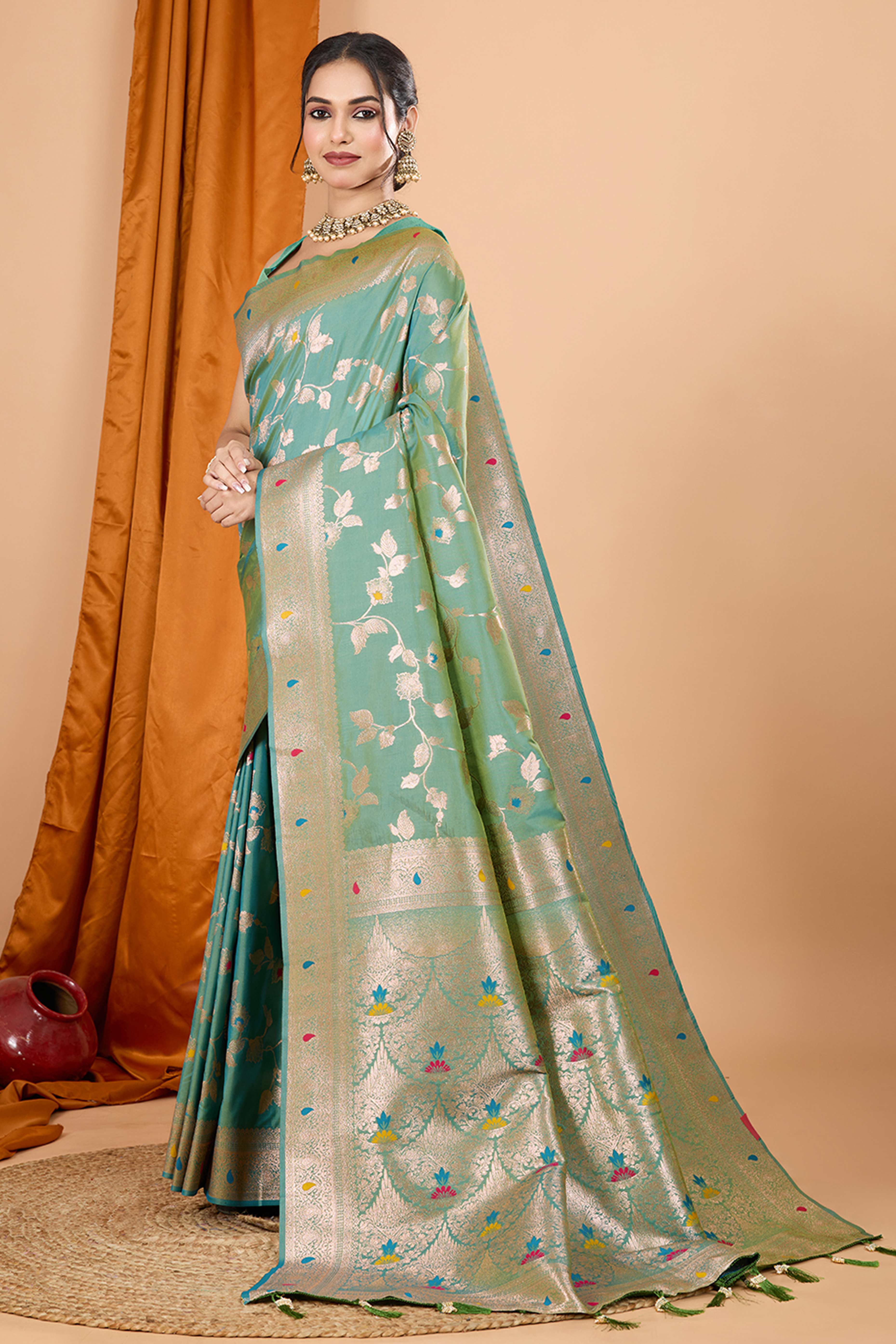 Rama Green Banarasi Silk Saree With Exquisite Floral Zari Weaving and Elegant Tassels