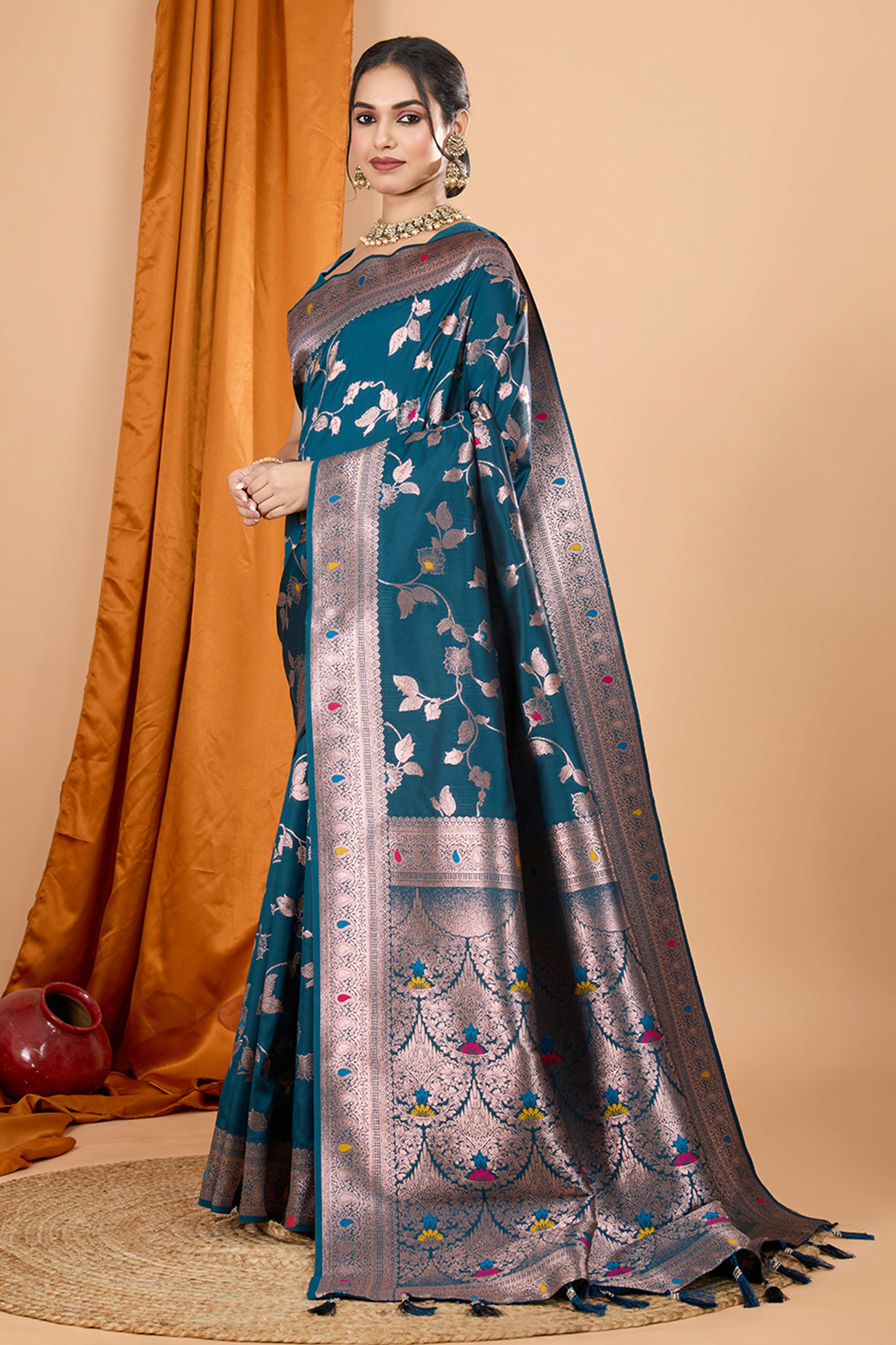 Teal Banarasi Silk Saree With Exquisite Floral Zari Weaving and Elegant Tassels
