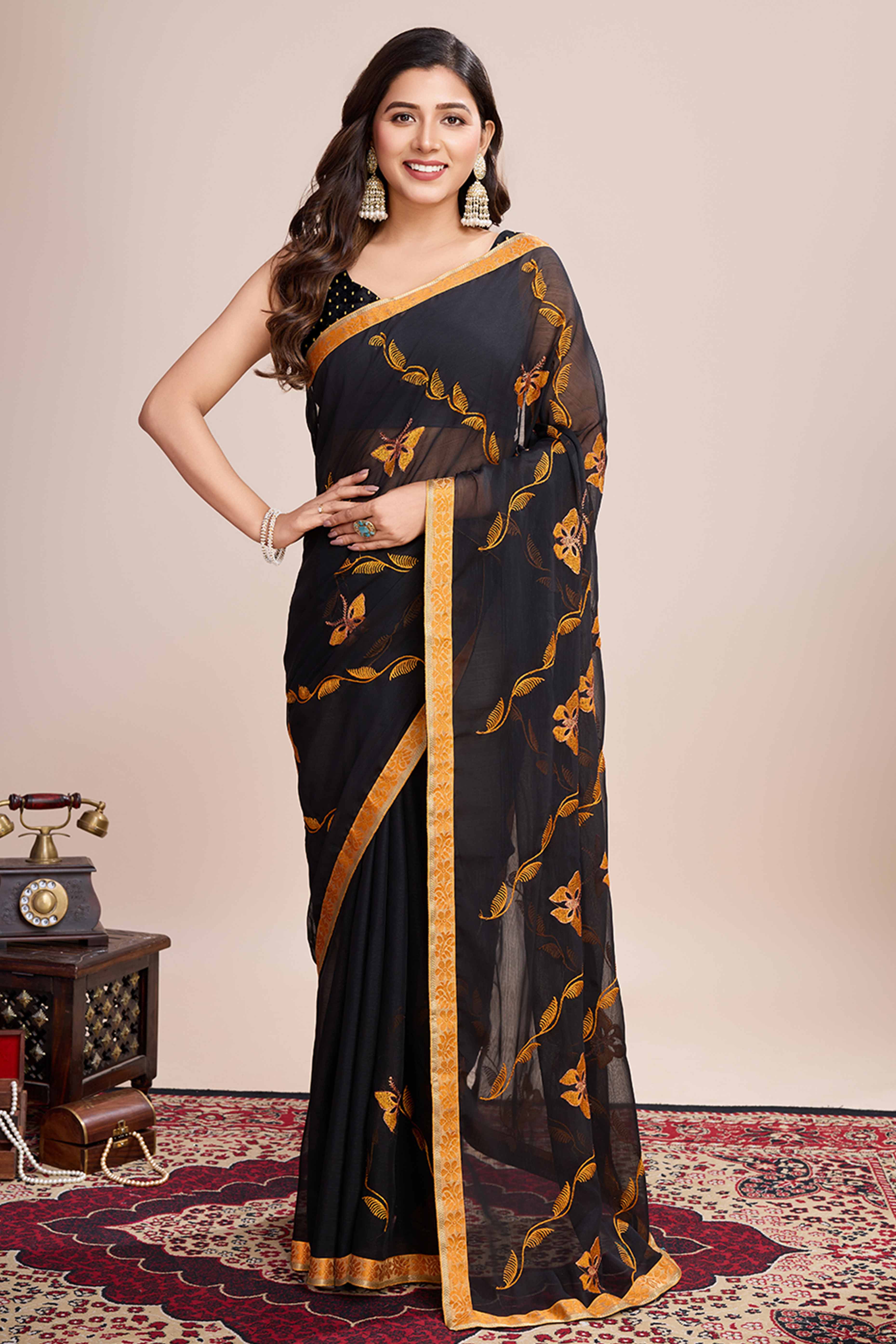 Black Floral Embroidered Georgette Saree