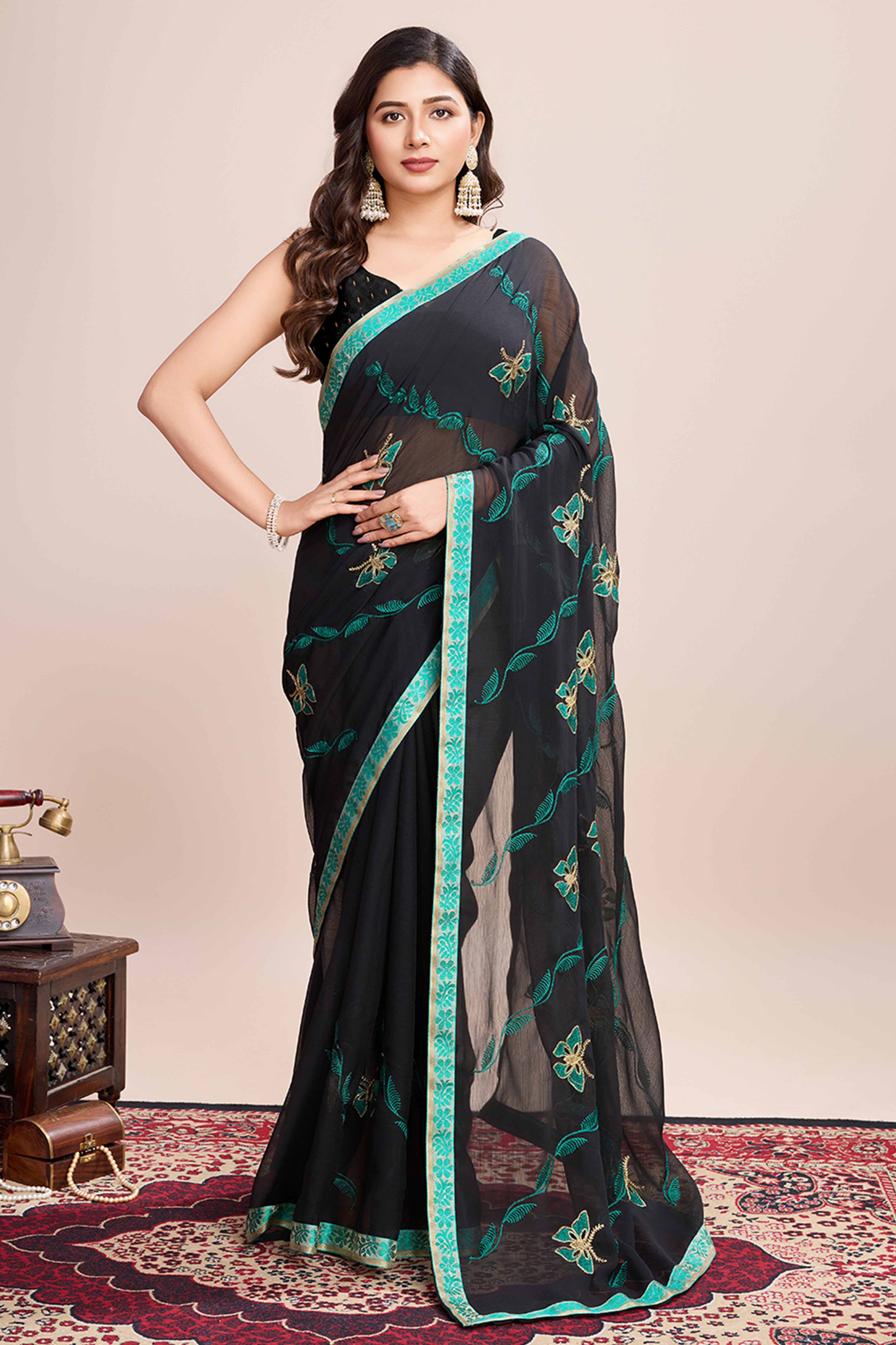Black Floral Embroidered Georgette Saree