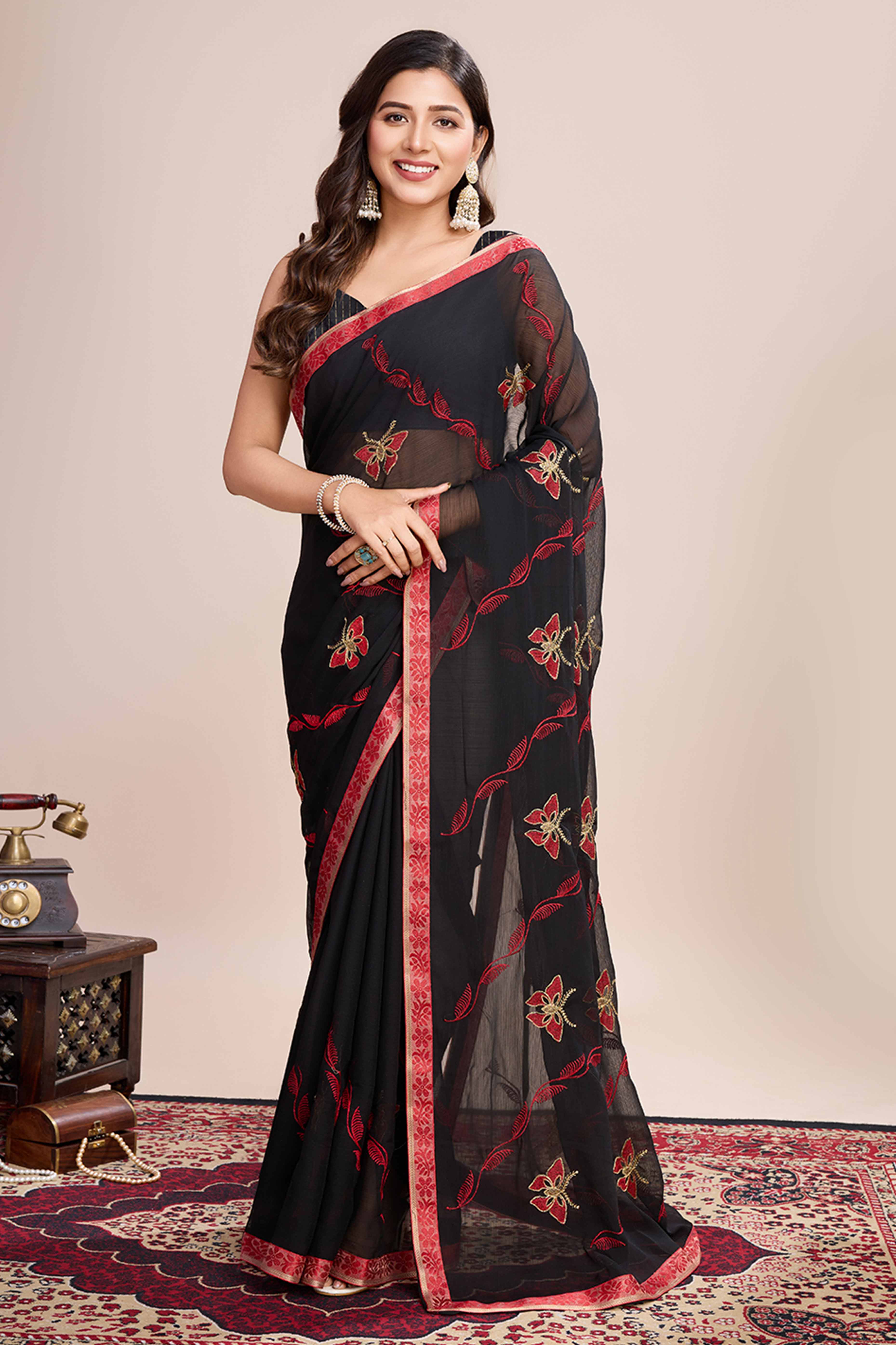 Black Floral Embroidered Georgette Saree