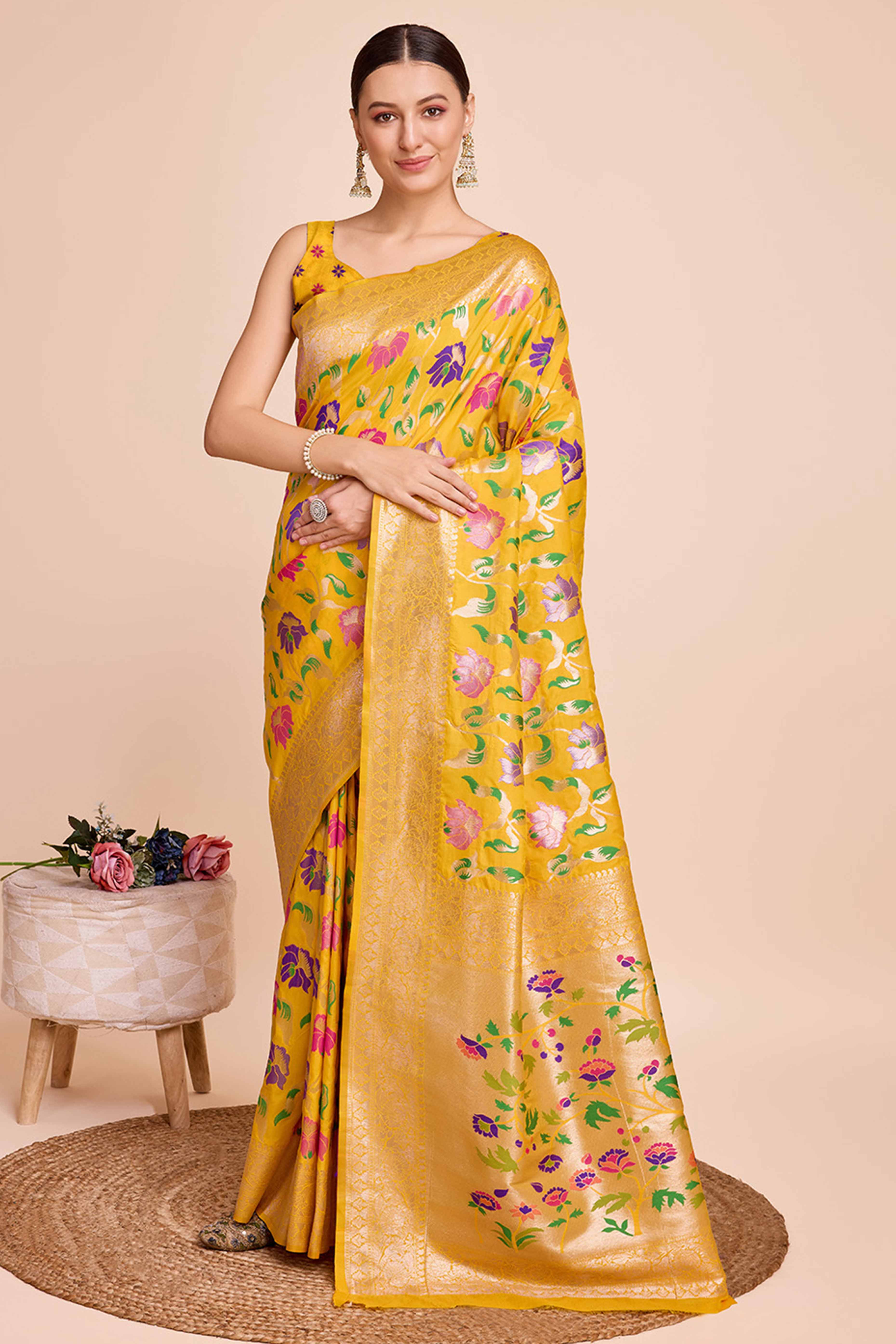 Mustard Floral Zari Weaving Pure Silk Paithani Saree