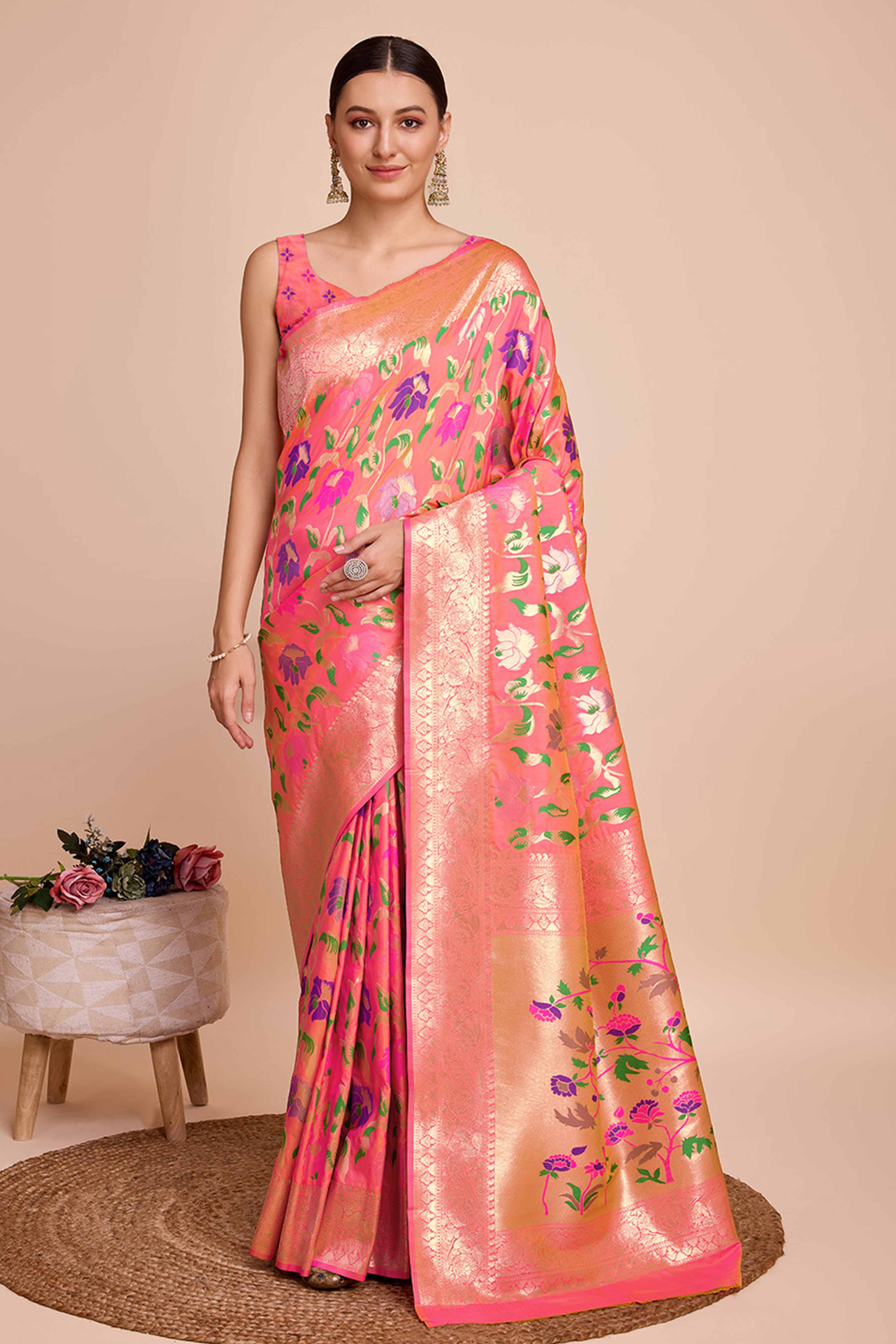 Peach Floral Zari Weaving Pure Silk Paithani Saree