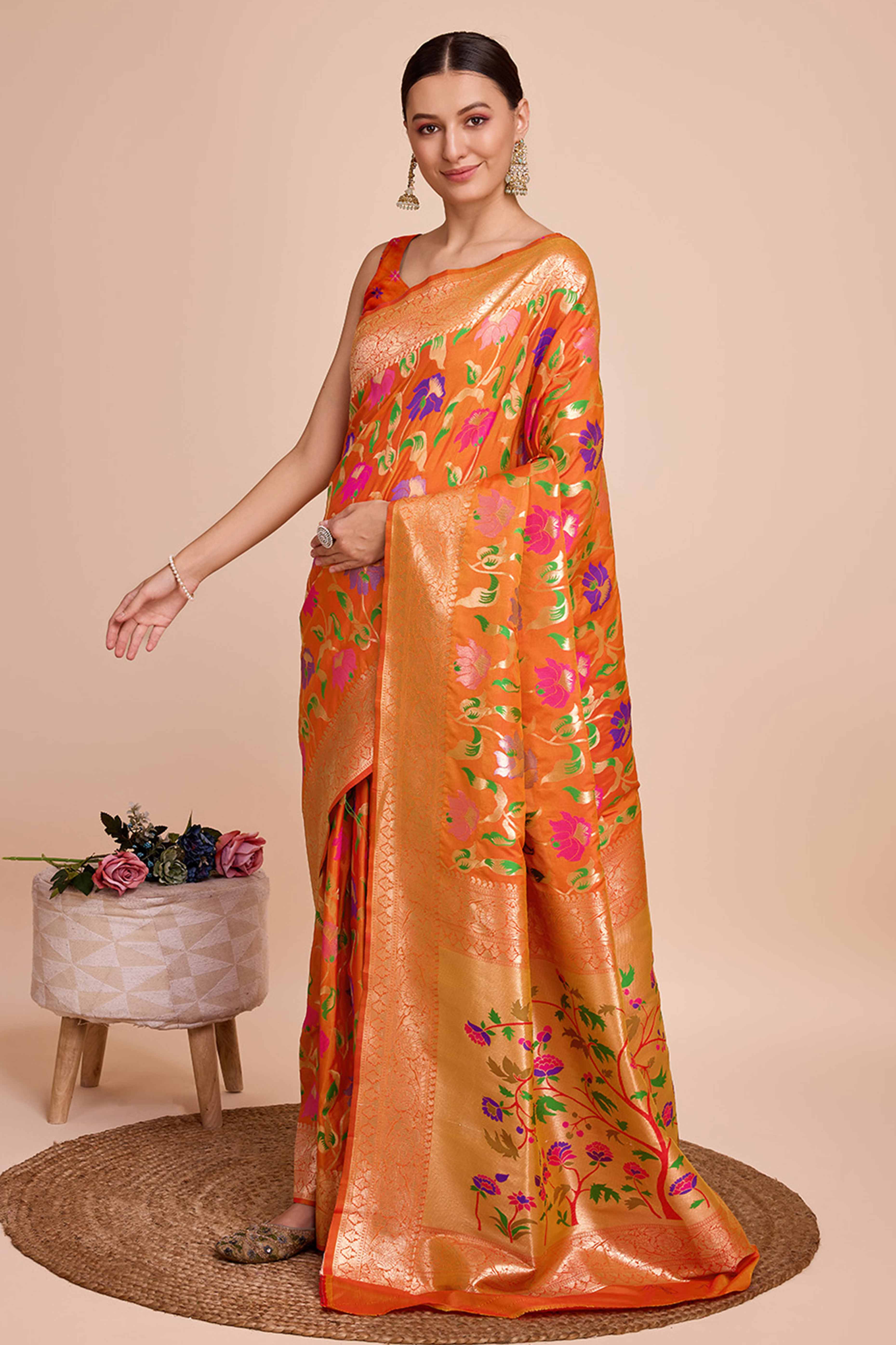 Orange Floral Zari Weaving Pure Silk Paithani Saree