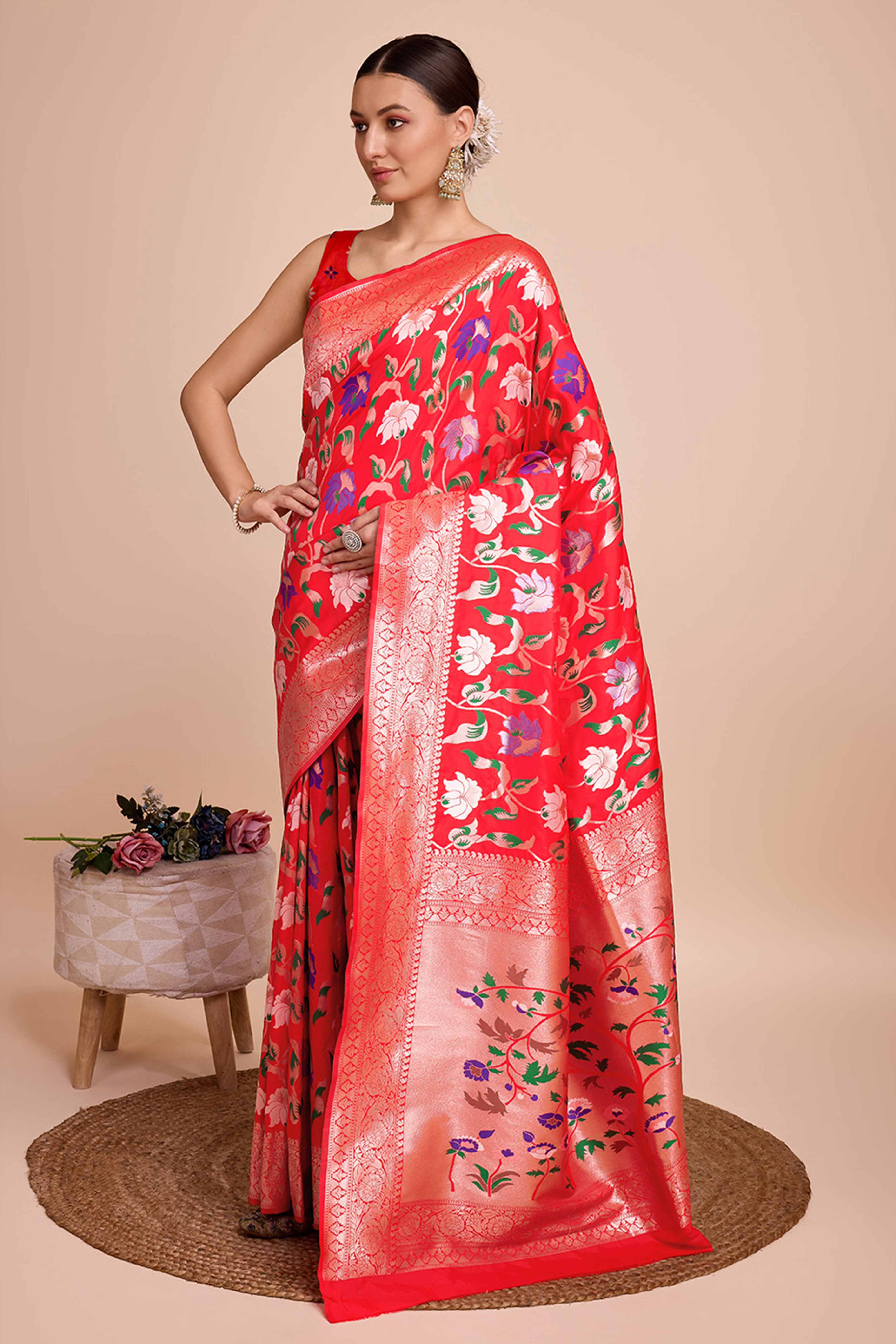 Red Floral Zari Weaving Pure Silk Paithani Saree
