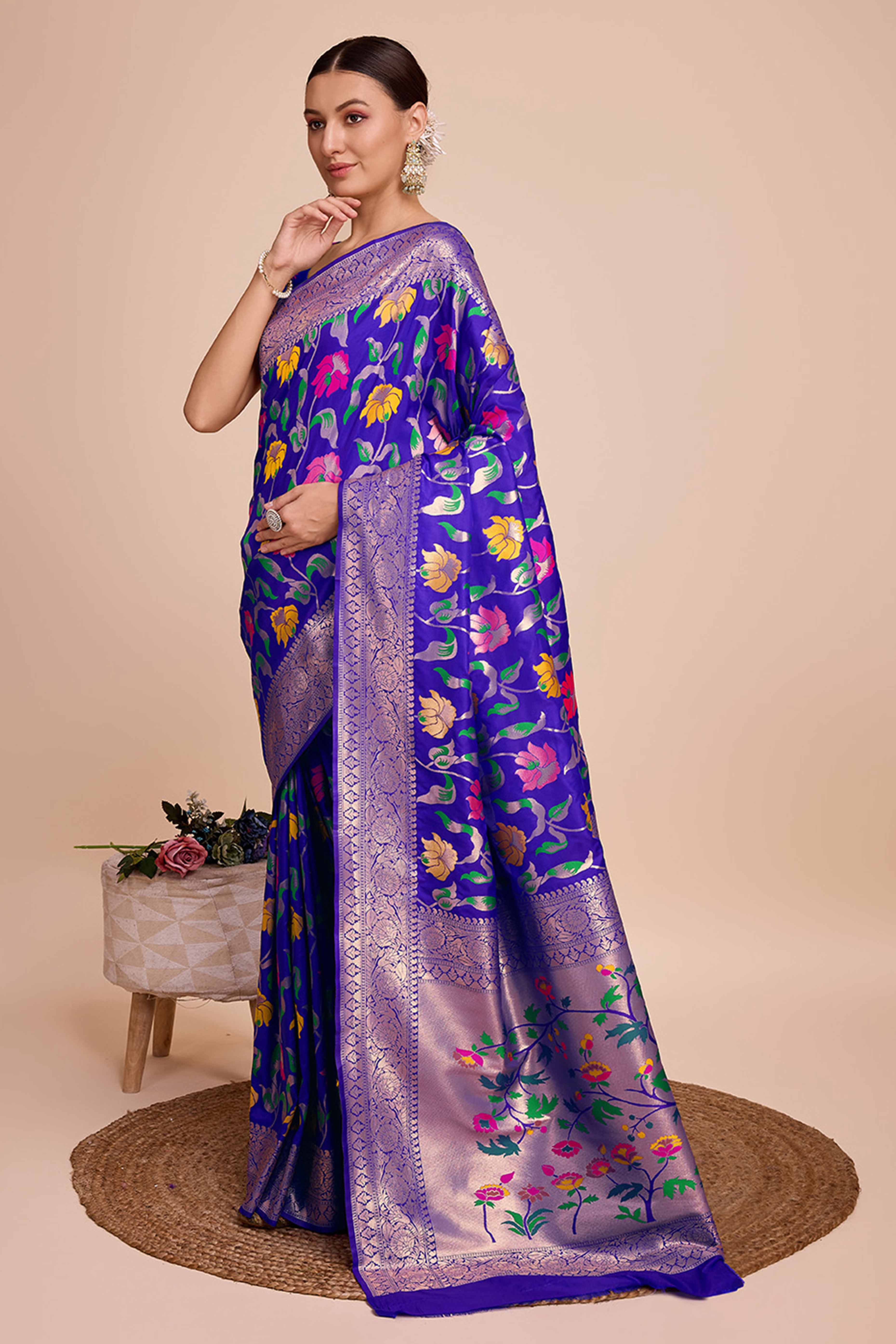 Purple Floral Zari Weaving Pure Silk Paithani Saree