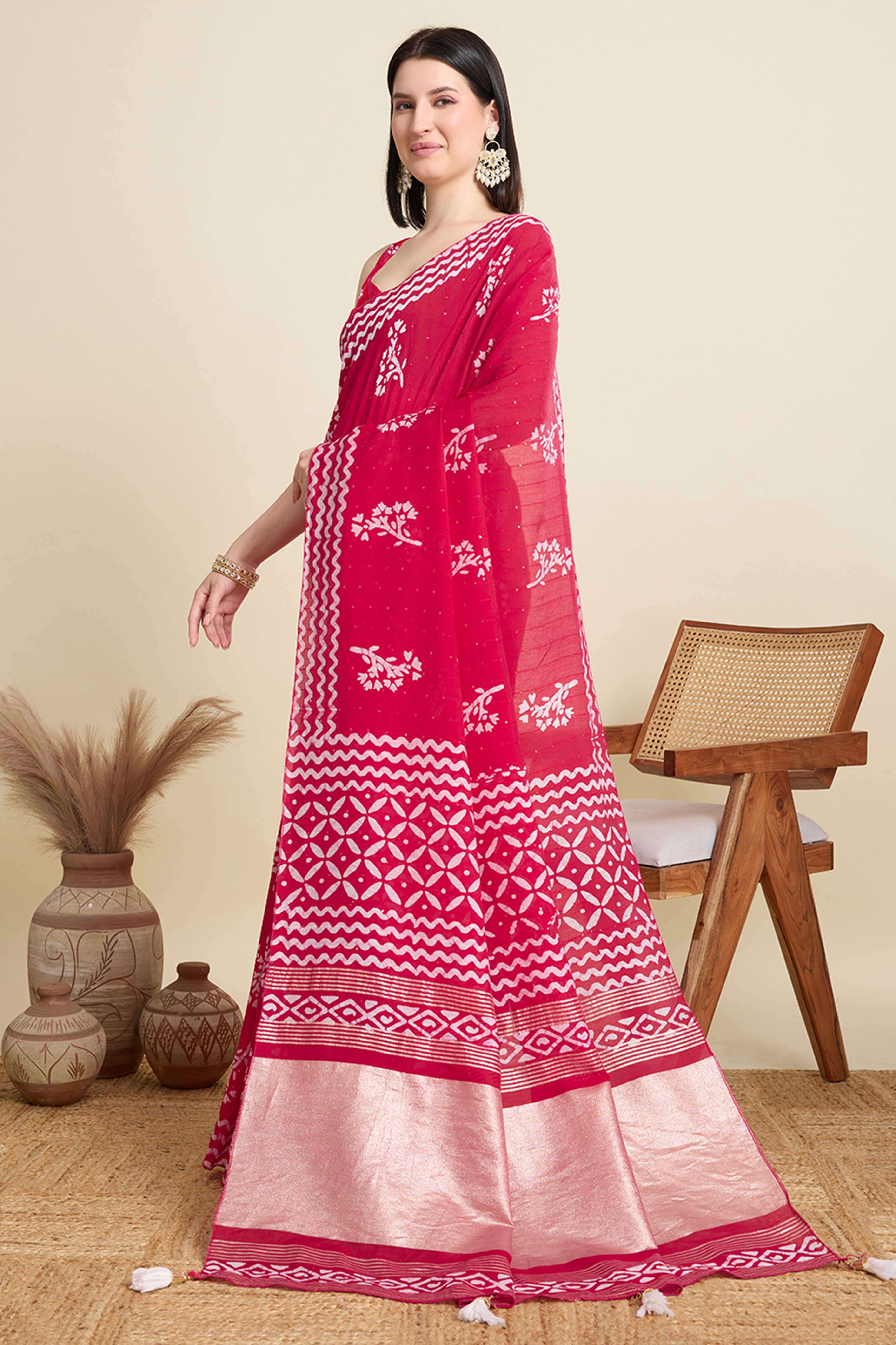 Pink Cotton Blend Saree Featuring Floral Prints and Elegant Sequins Work Accents