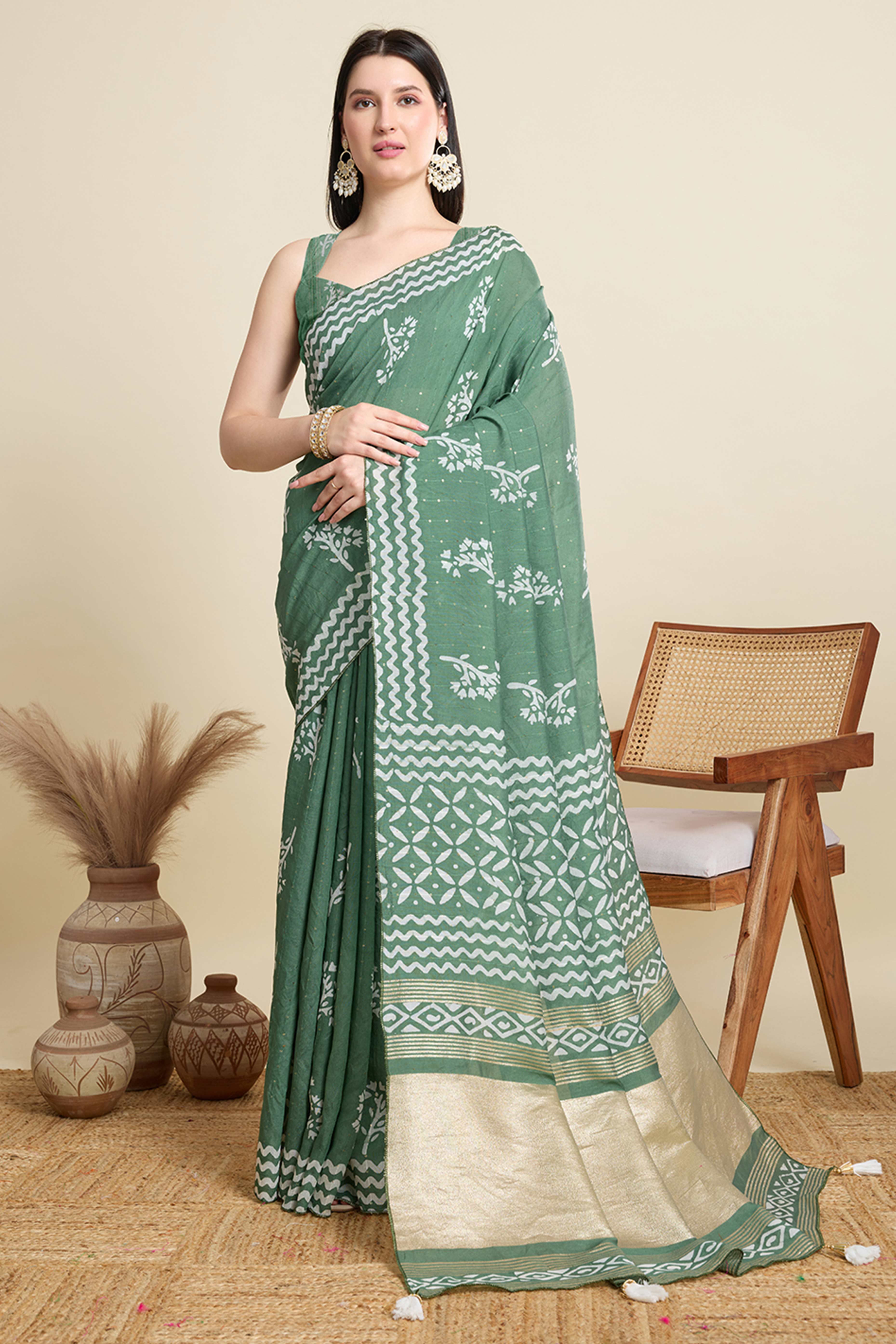 Pista Green Cotton Blend Saree Featuring Floral Prints and Elegant Sequins Work Accents