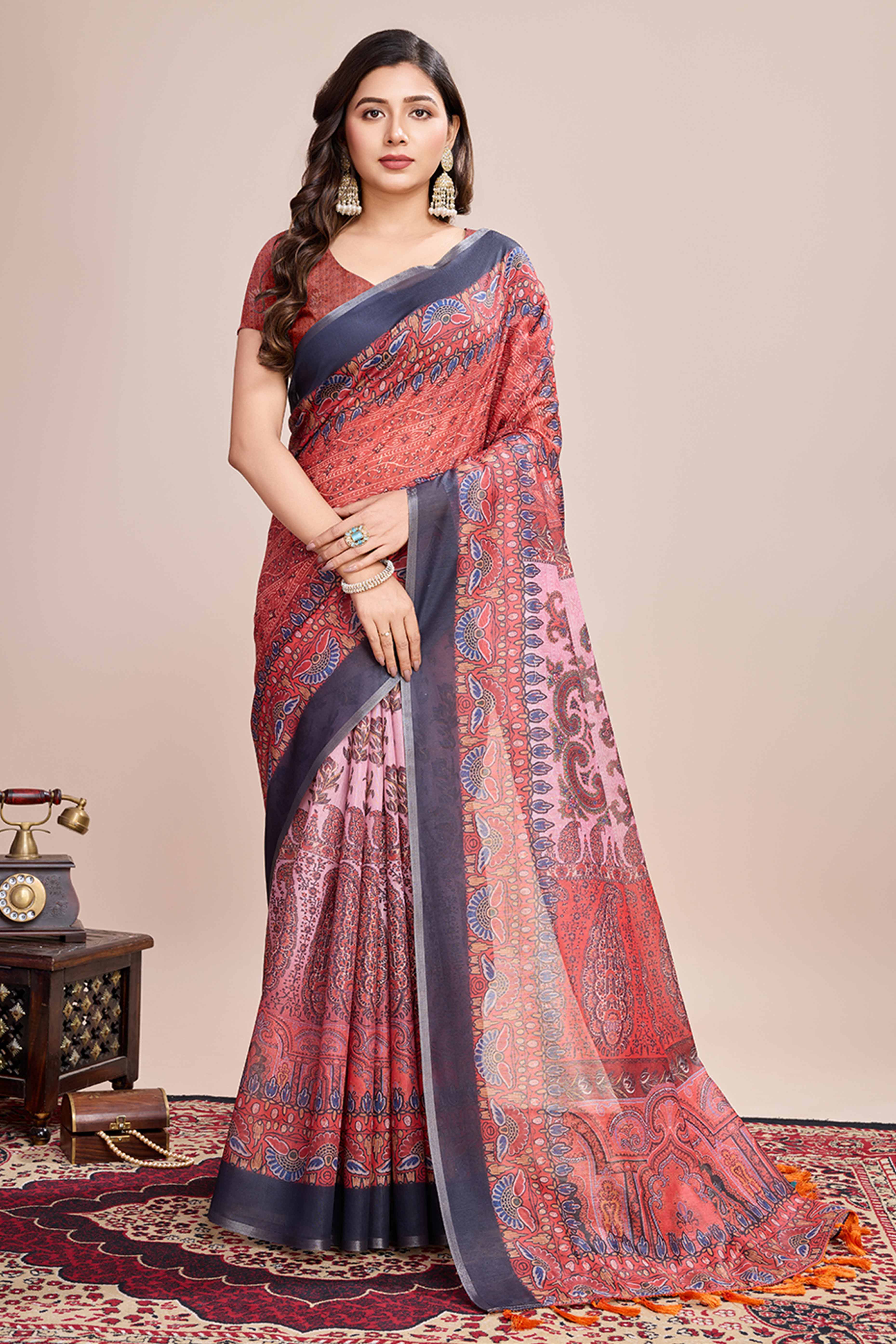 Red Floral Printed Linen Saree