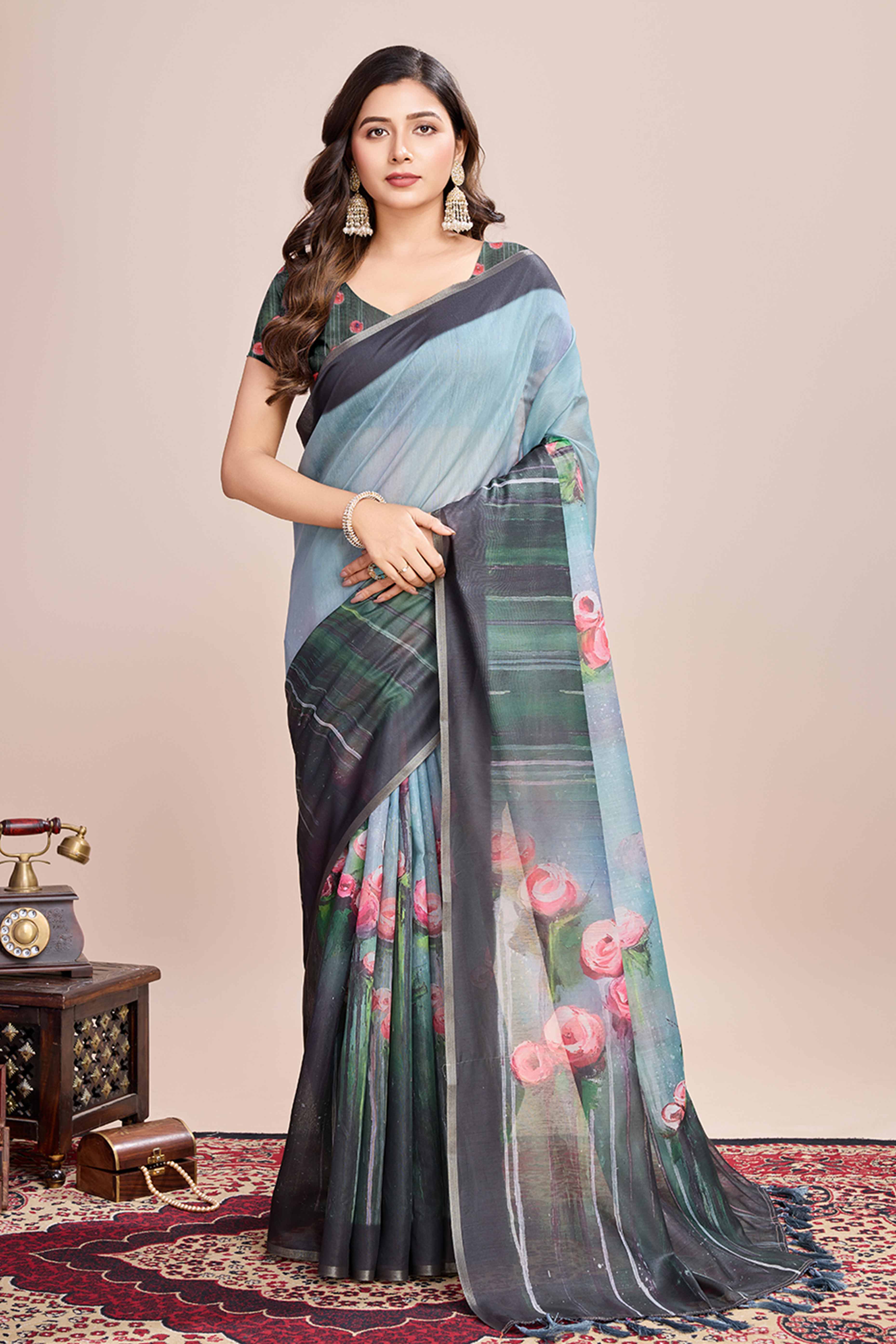 Sky Blue Floral Printed Linen Saree