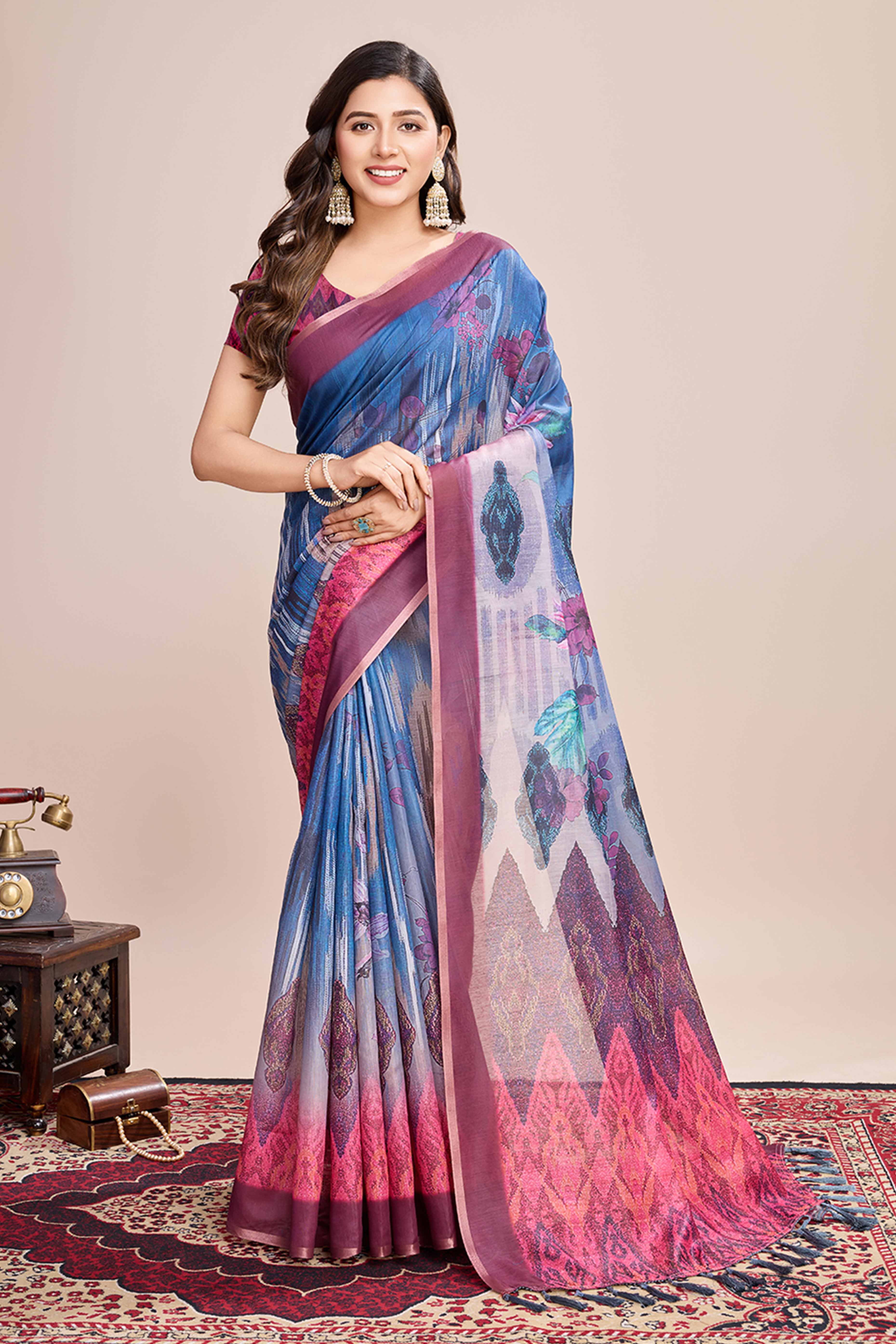 Blue Floral Printed Linen Saree