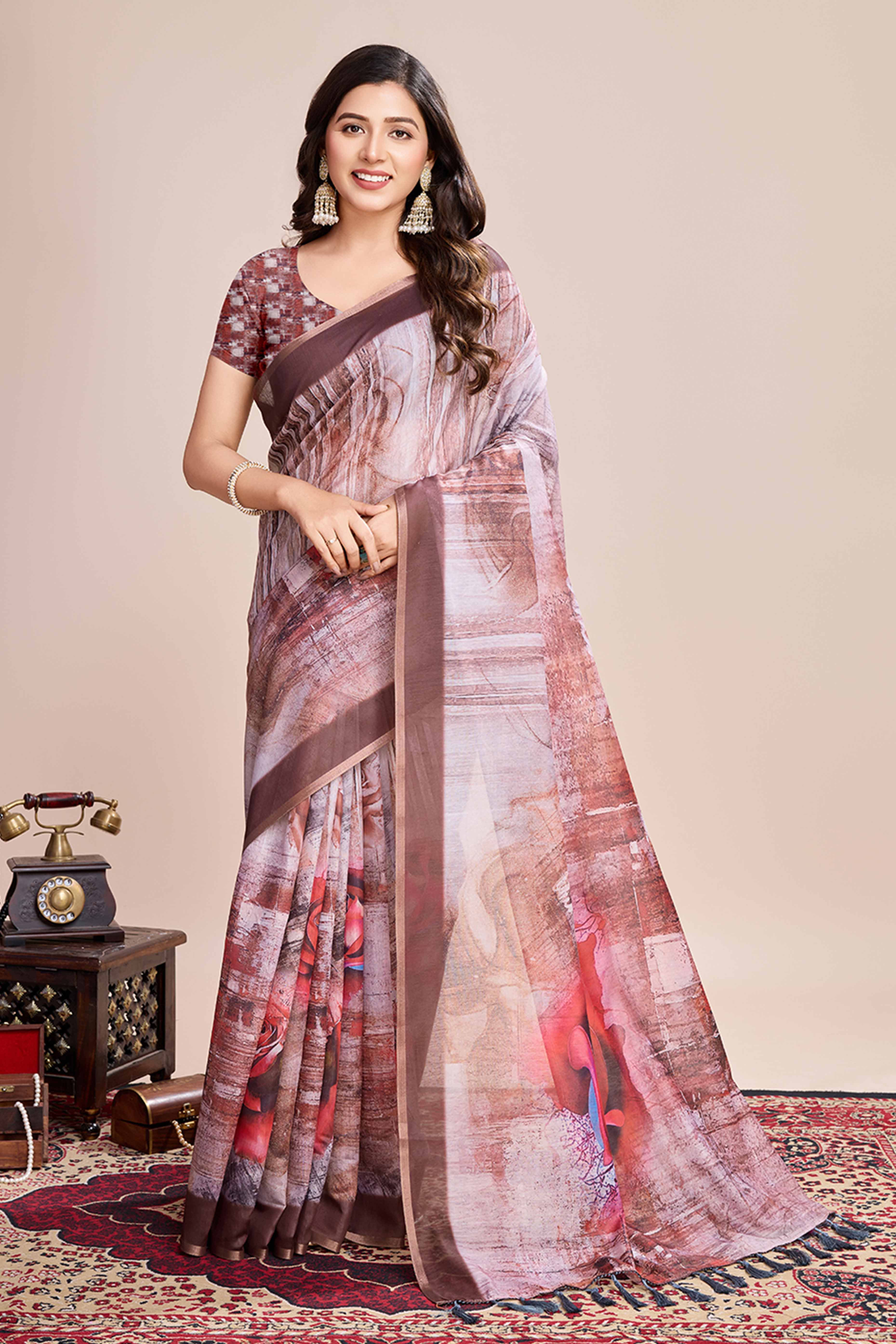 Coffee Brown Floral Printed Linen Saree