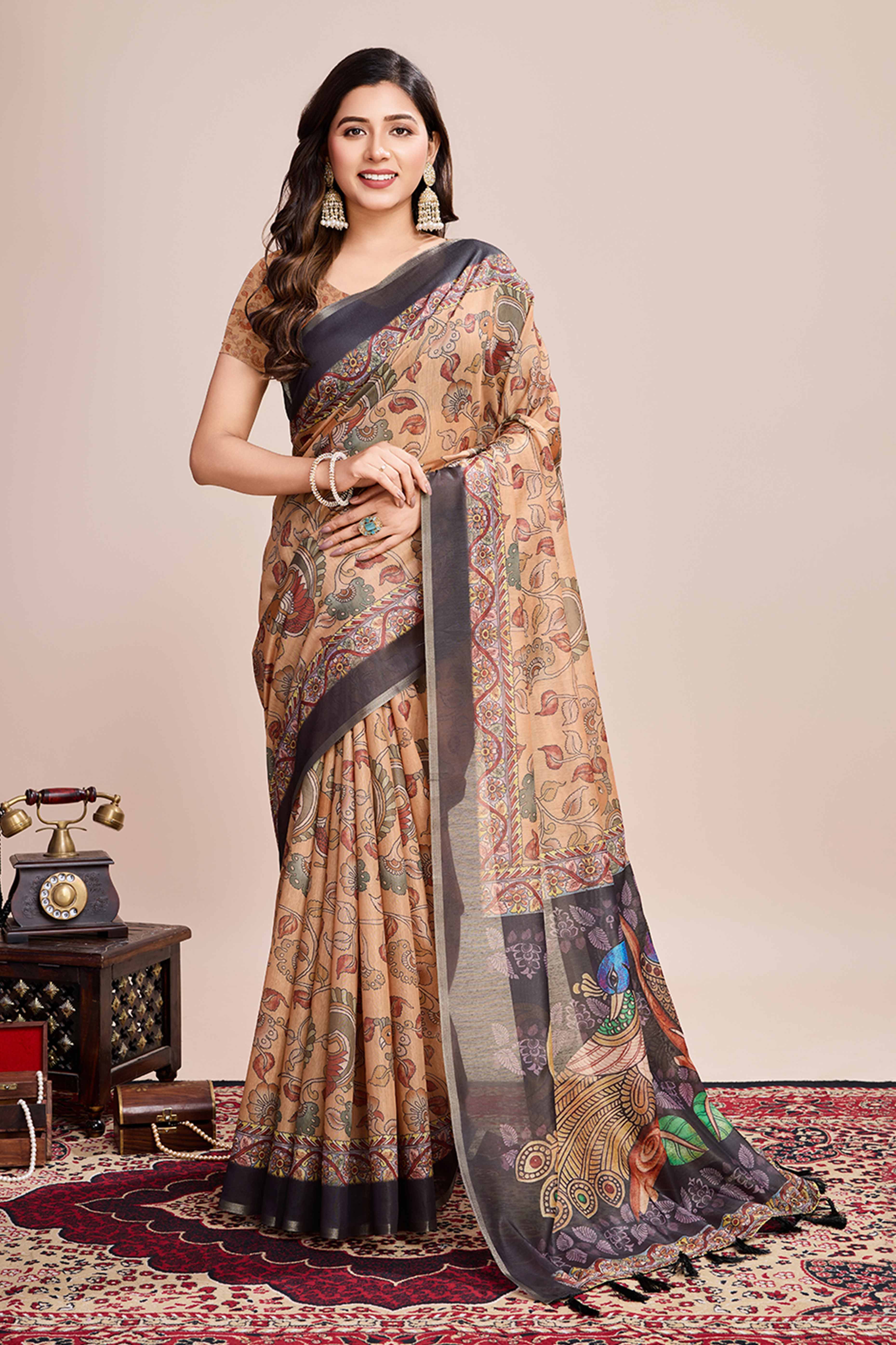 Beige Floral Printed Linen Saree