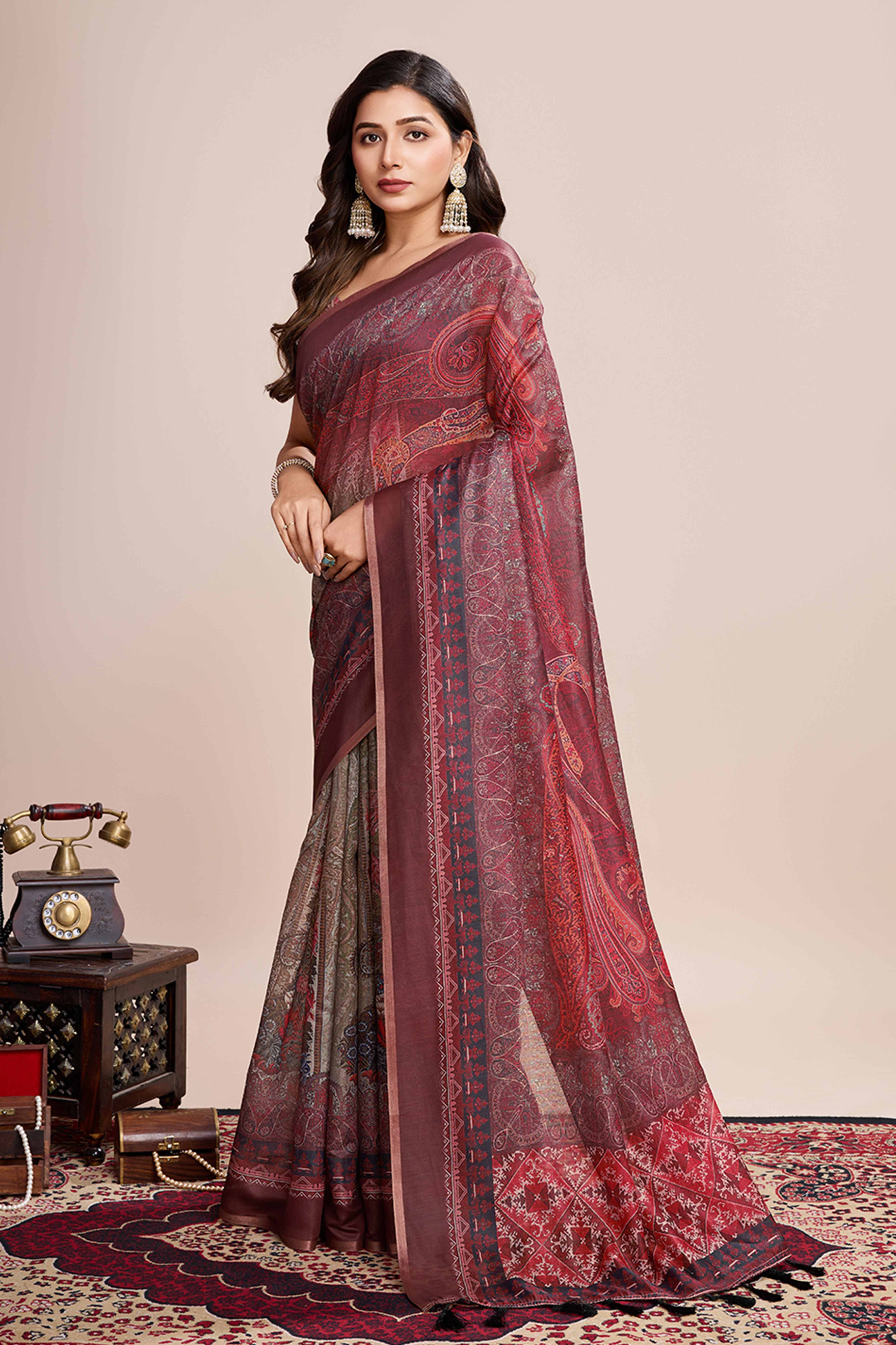 Wine Floral Printed Linen Saree