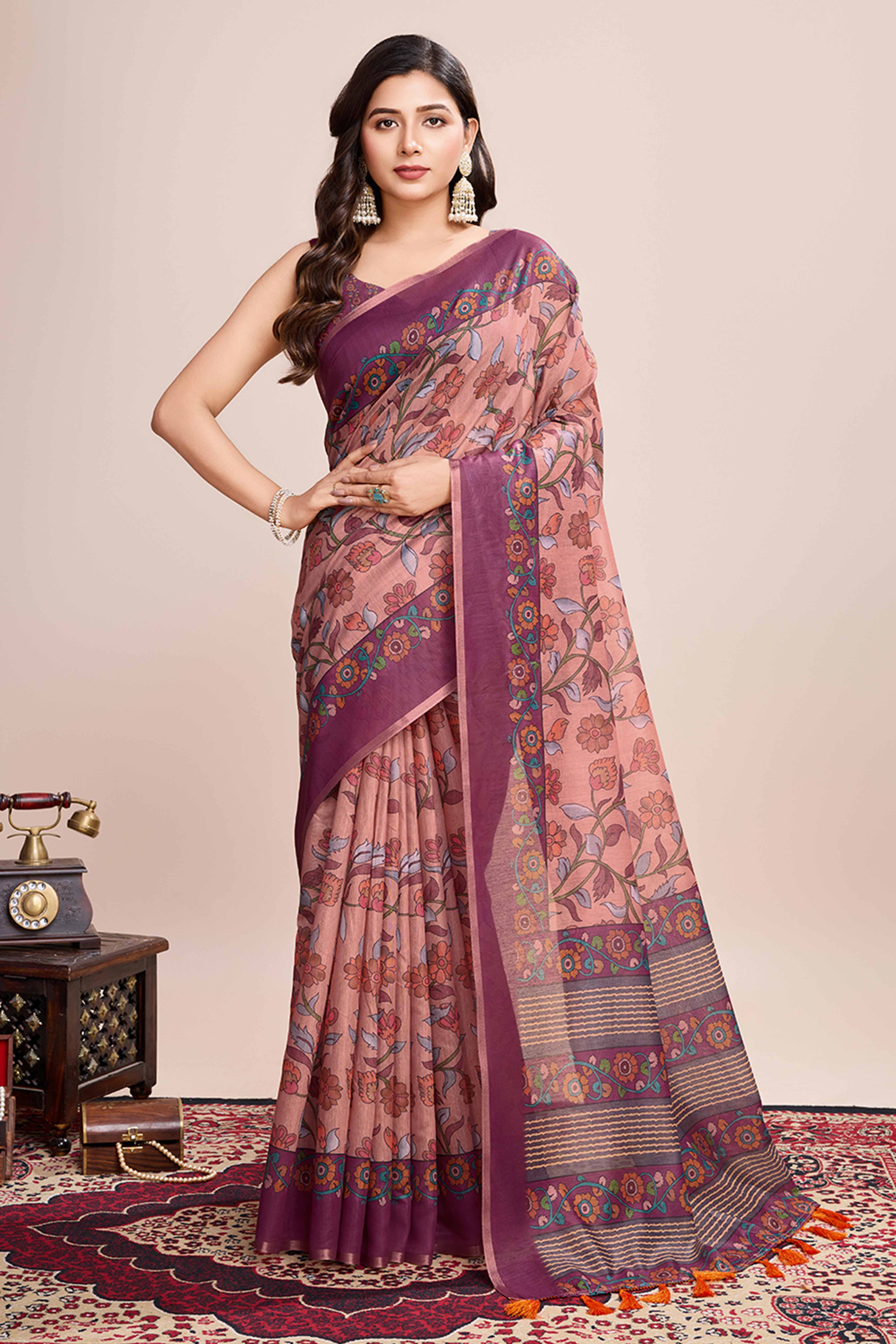 Beige Floral Printed Linen Saree