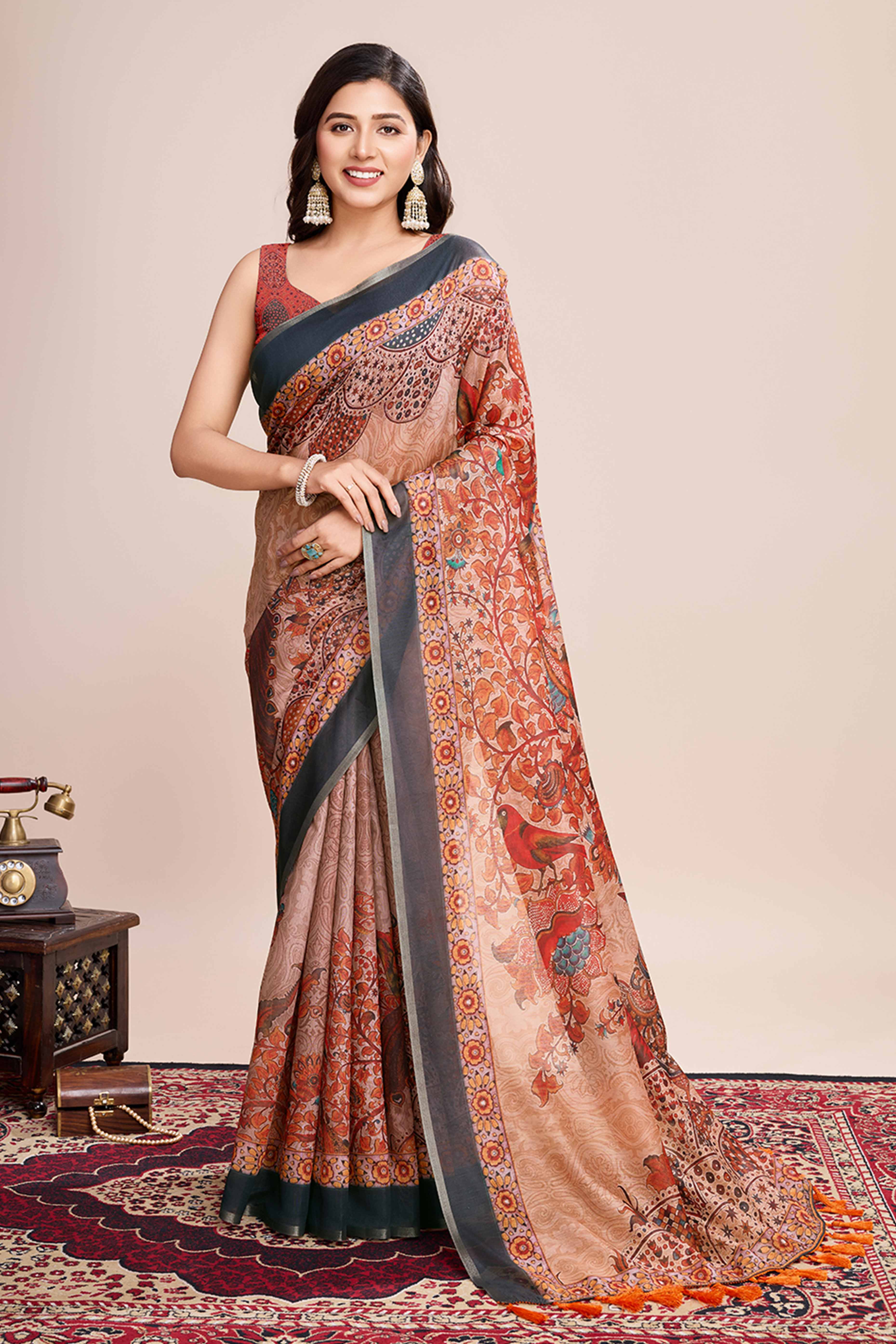 Beige Floral Printed Linen Saree
