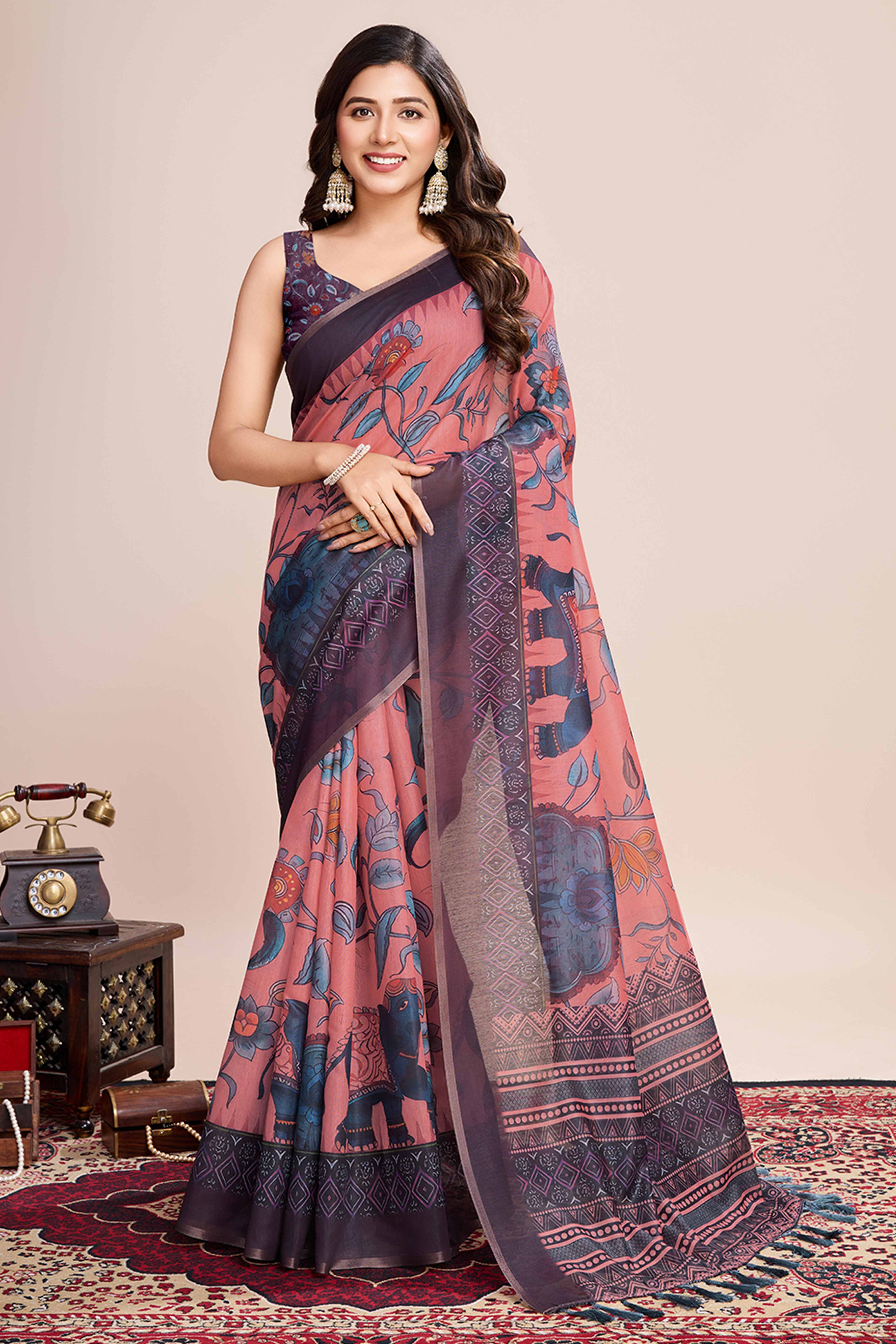 Peach Floral Printed Linen Saree
