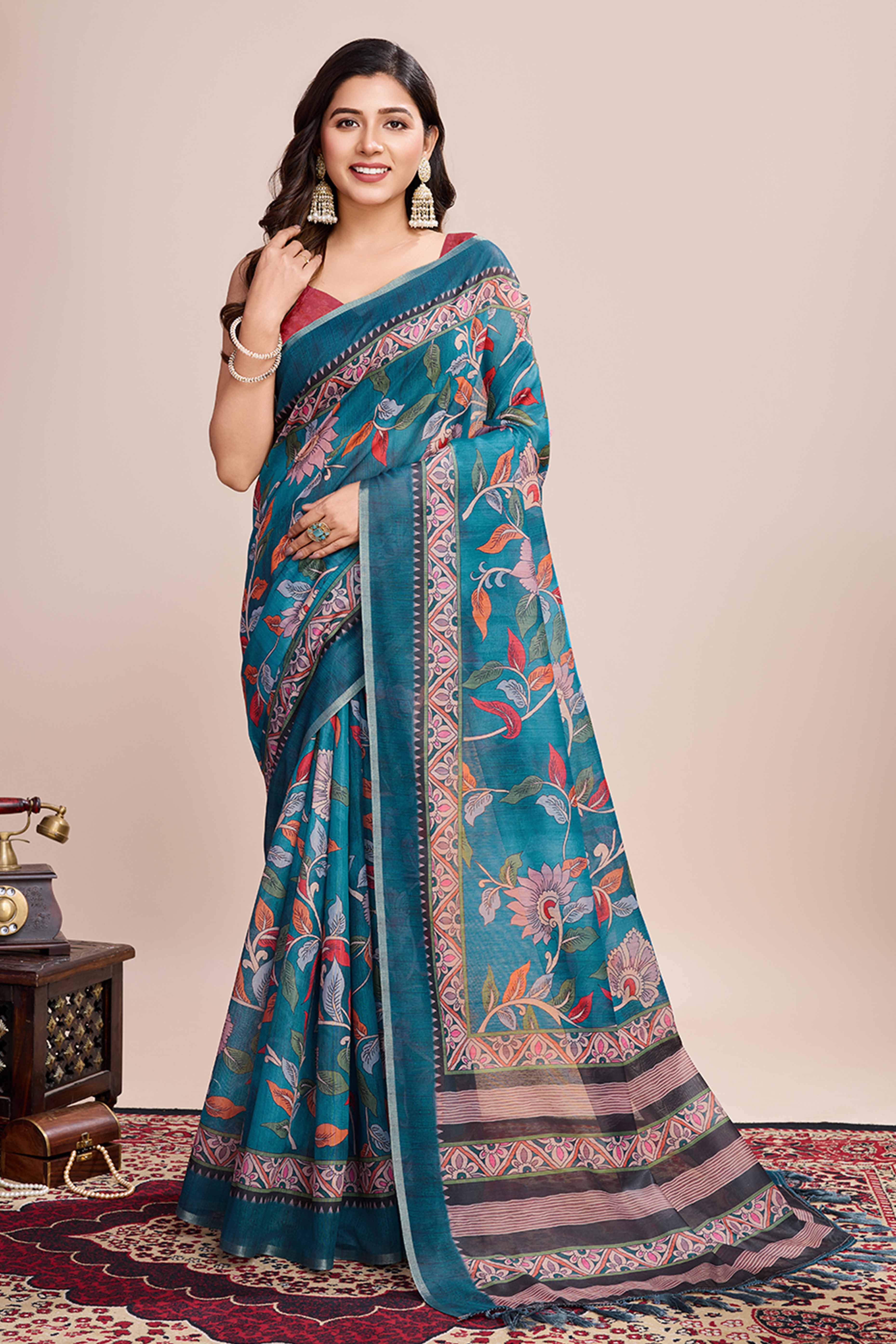 Rama Blue Floral Printed Linen Saree