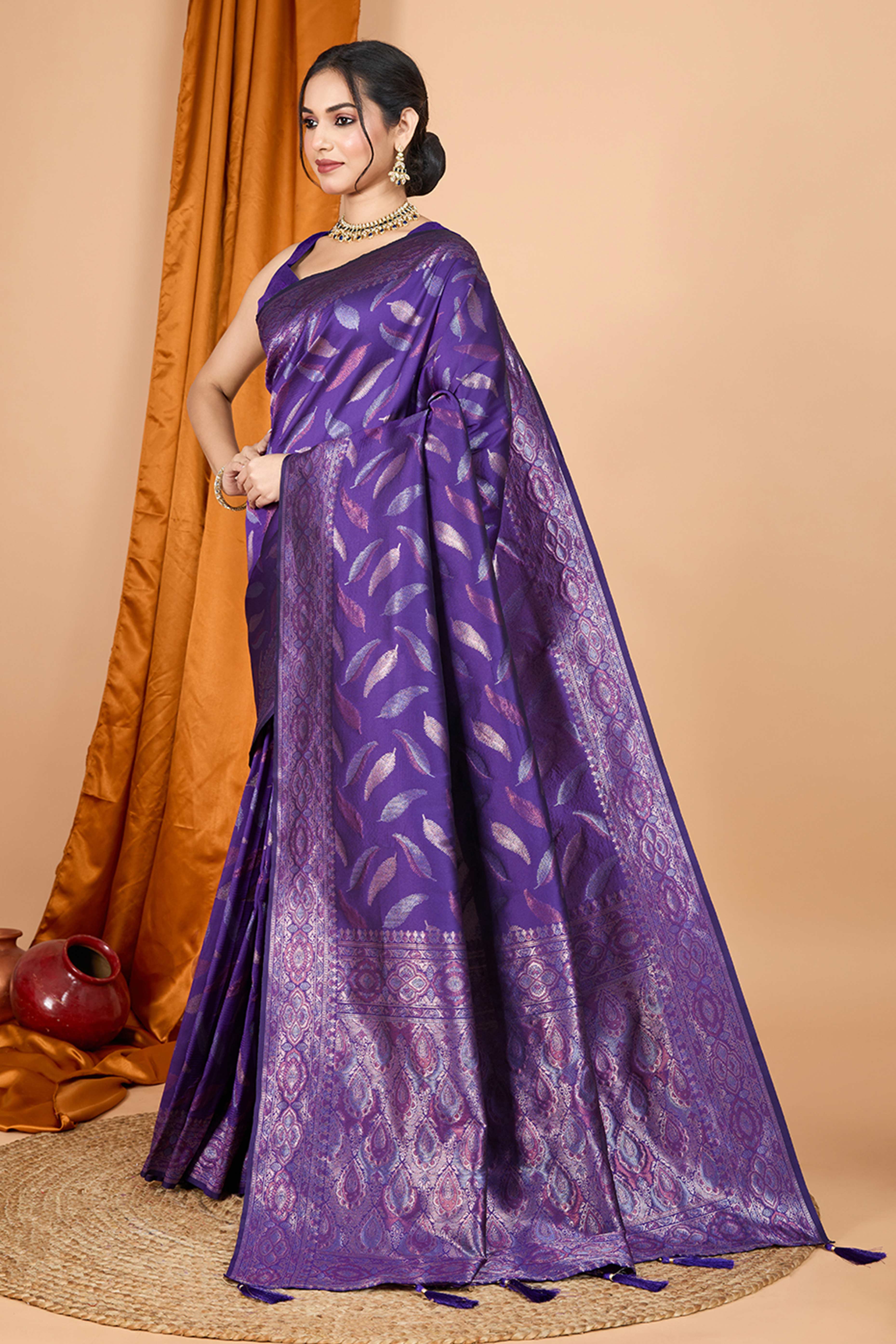 Violet Pure Silk Saree With Intricate Leaf Pattern Zari Weaving & Graceful Tassels