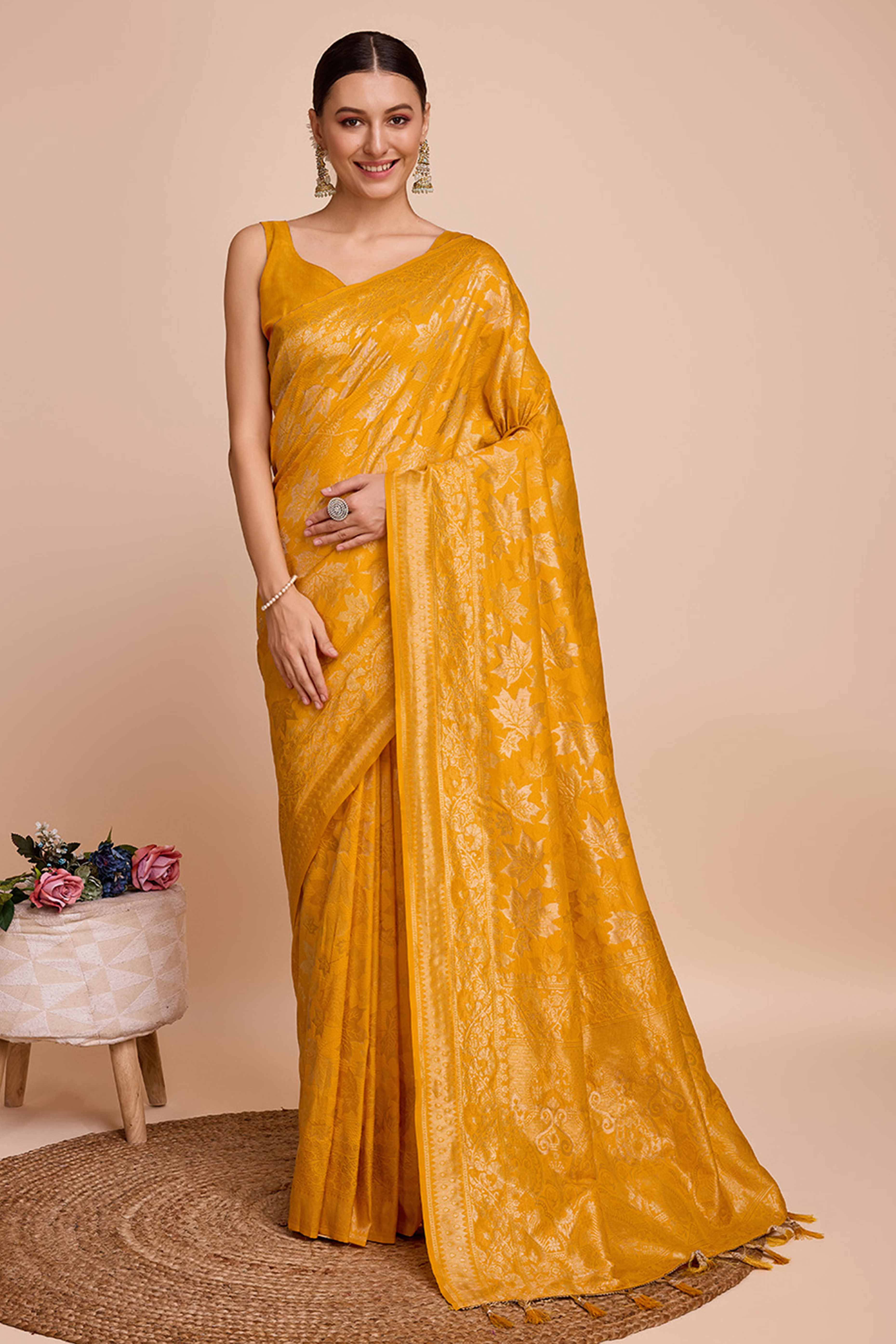 Mustard Zari Weaving Pure Silk Saree