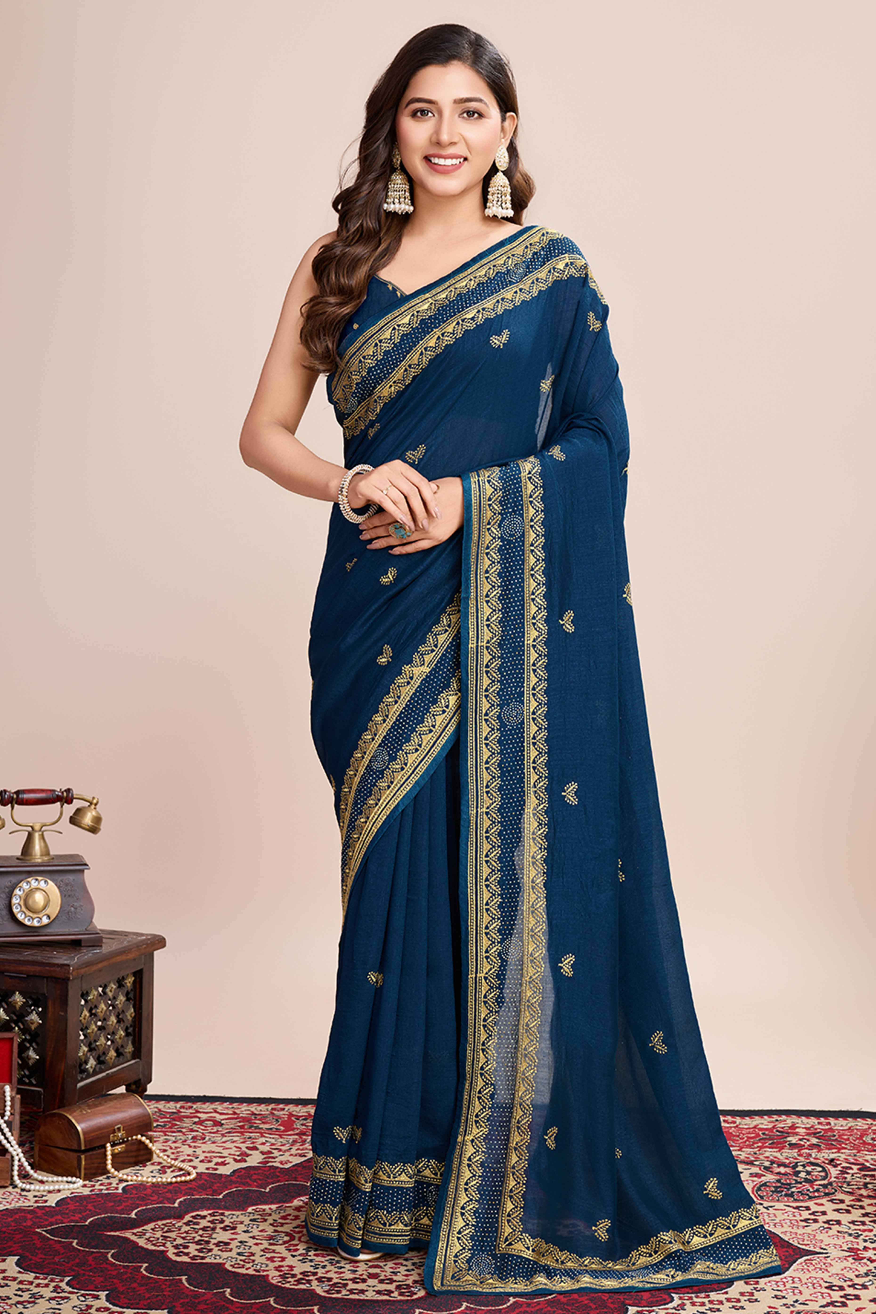 Teal Floral Embroidered Vichitra Silk Saree