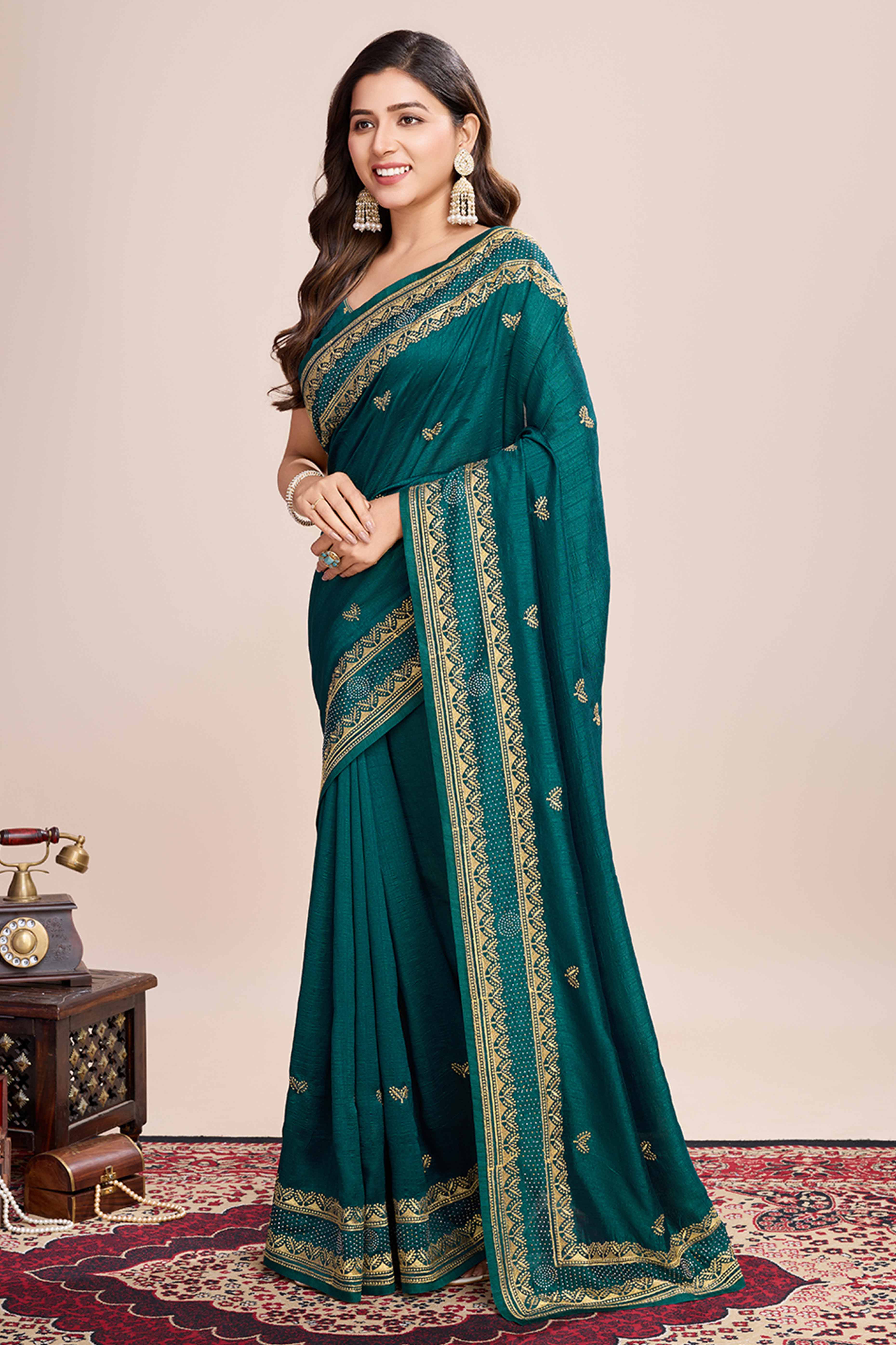 Green Floral Embroidered Vichitra Silk Saree