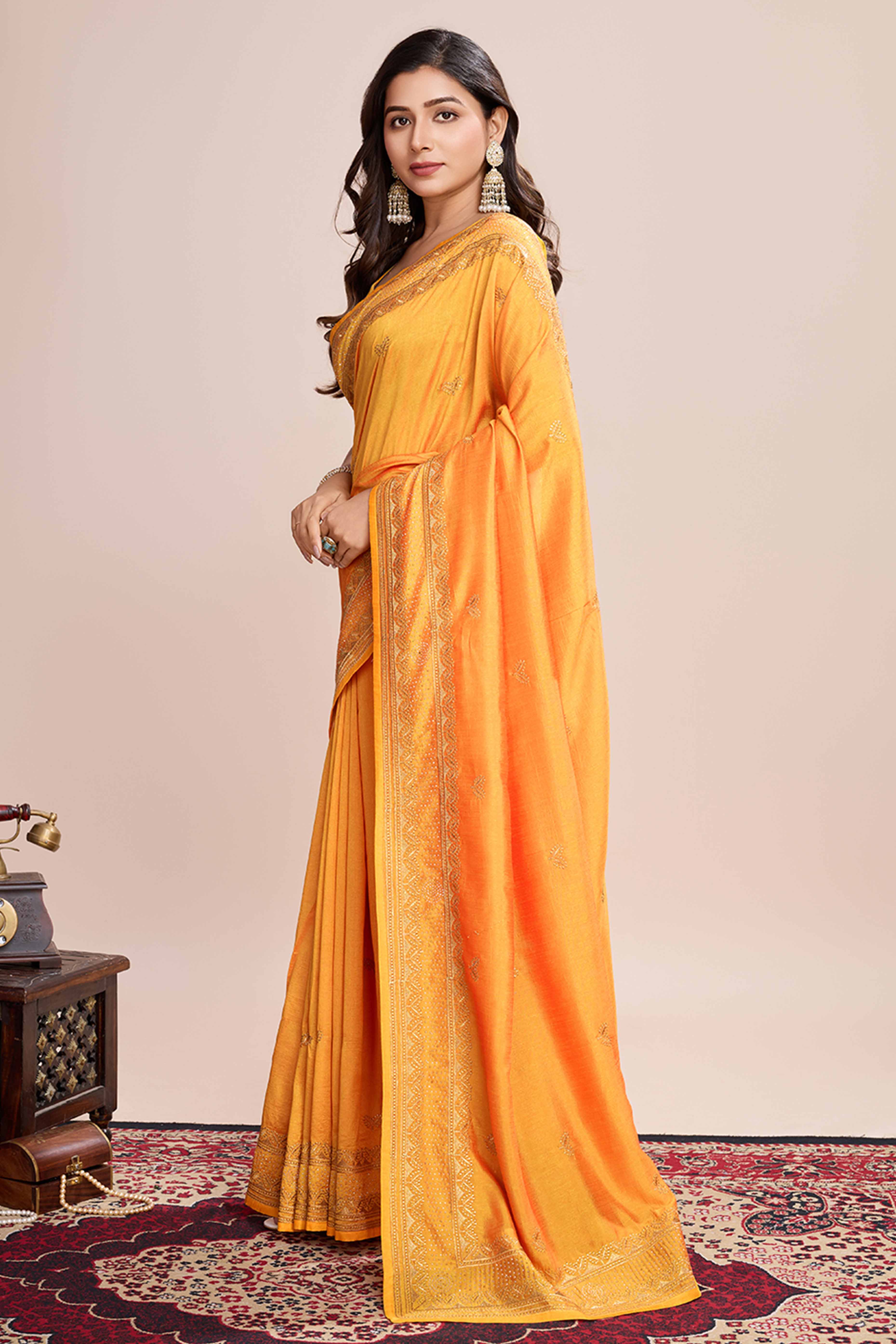 Yellow Floral Embroidered Vichitra Silk Saree