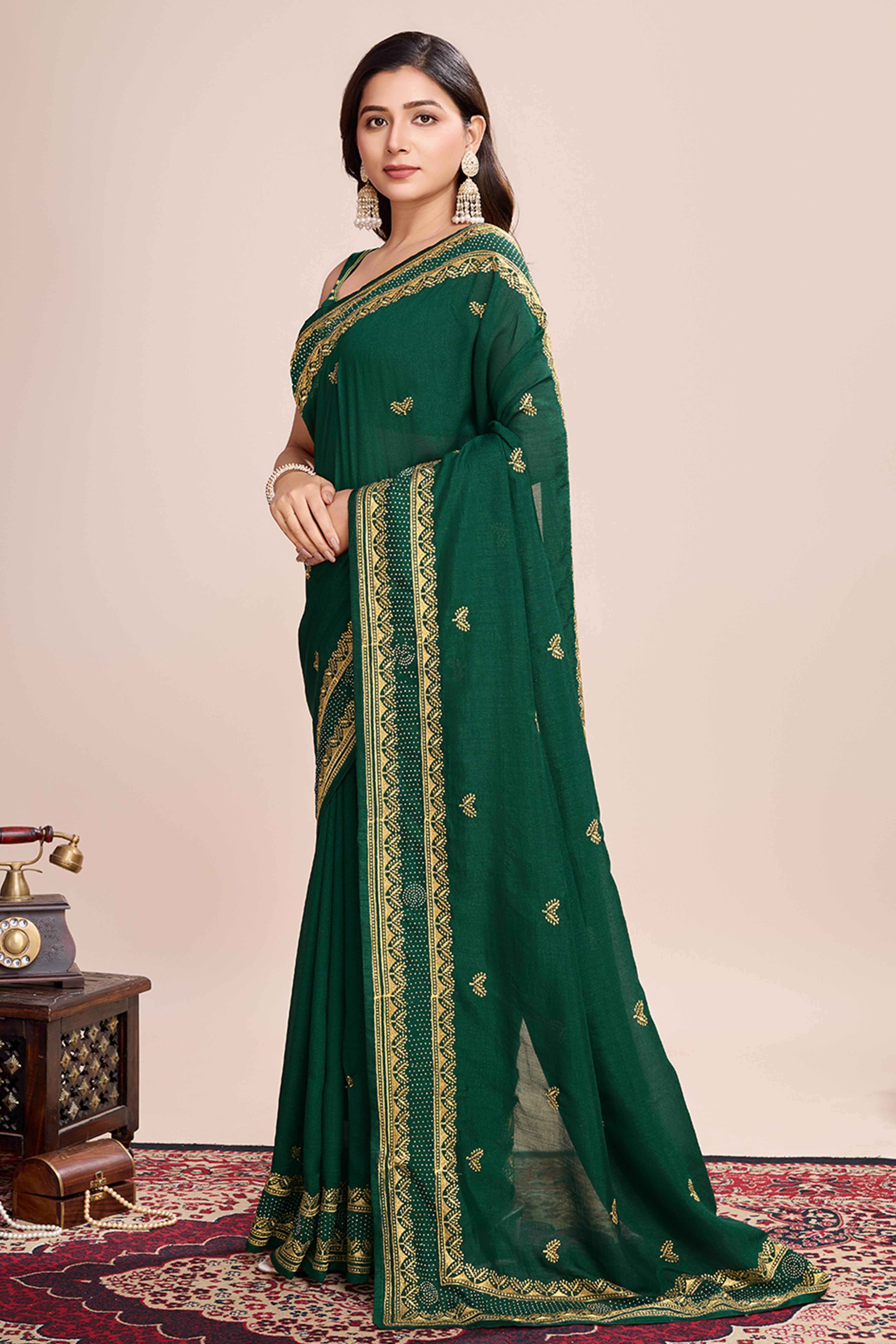 Green Floral Embroidered Vichitra Silk Saree