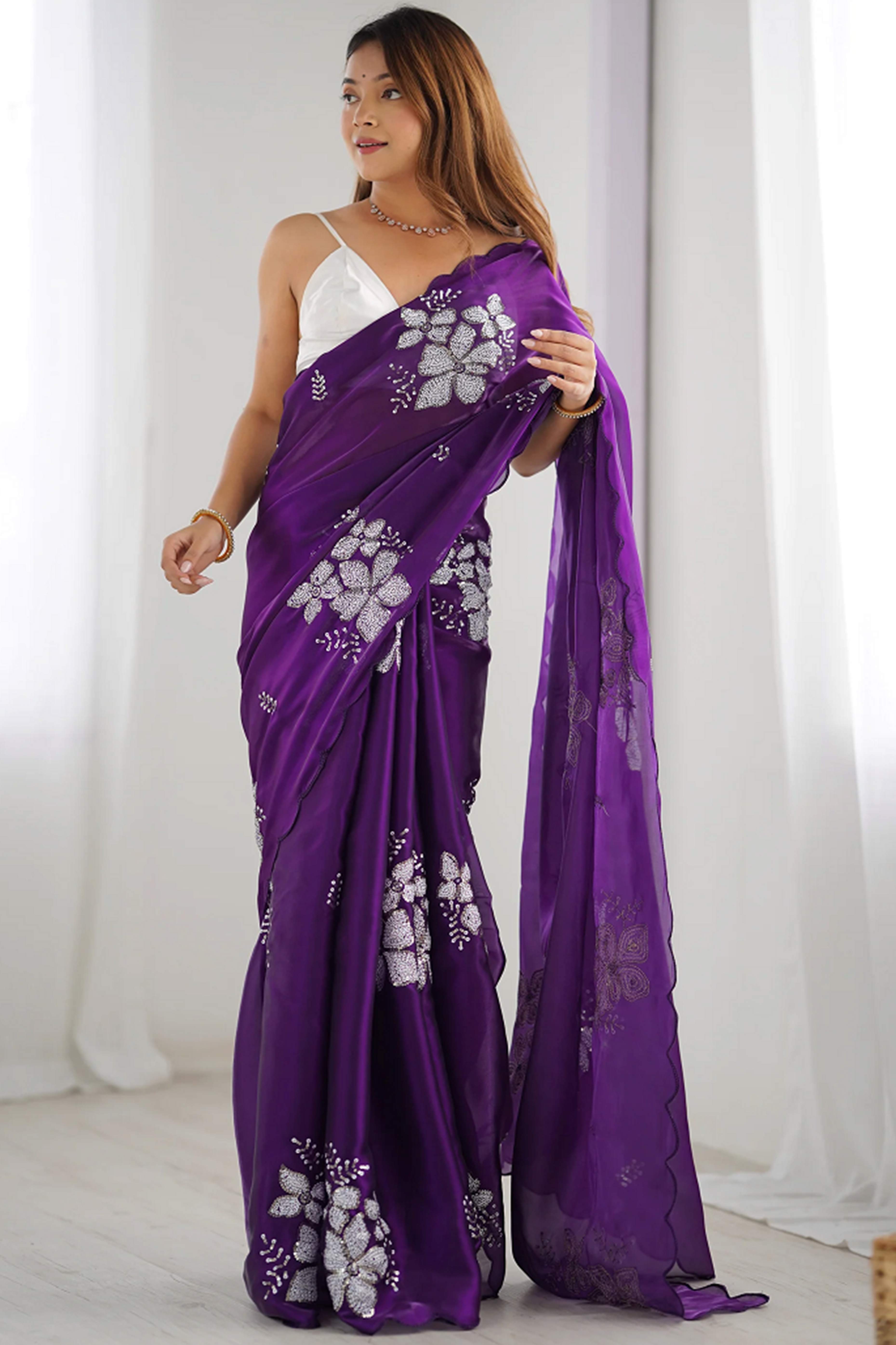 Purple Sequins Floral Embroidered Organza Saree