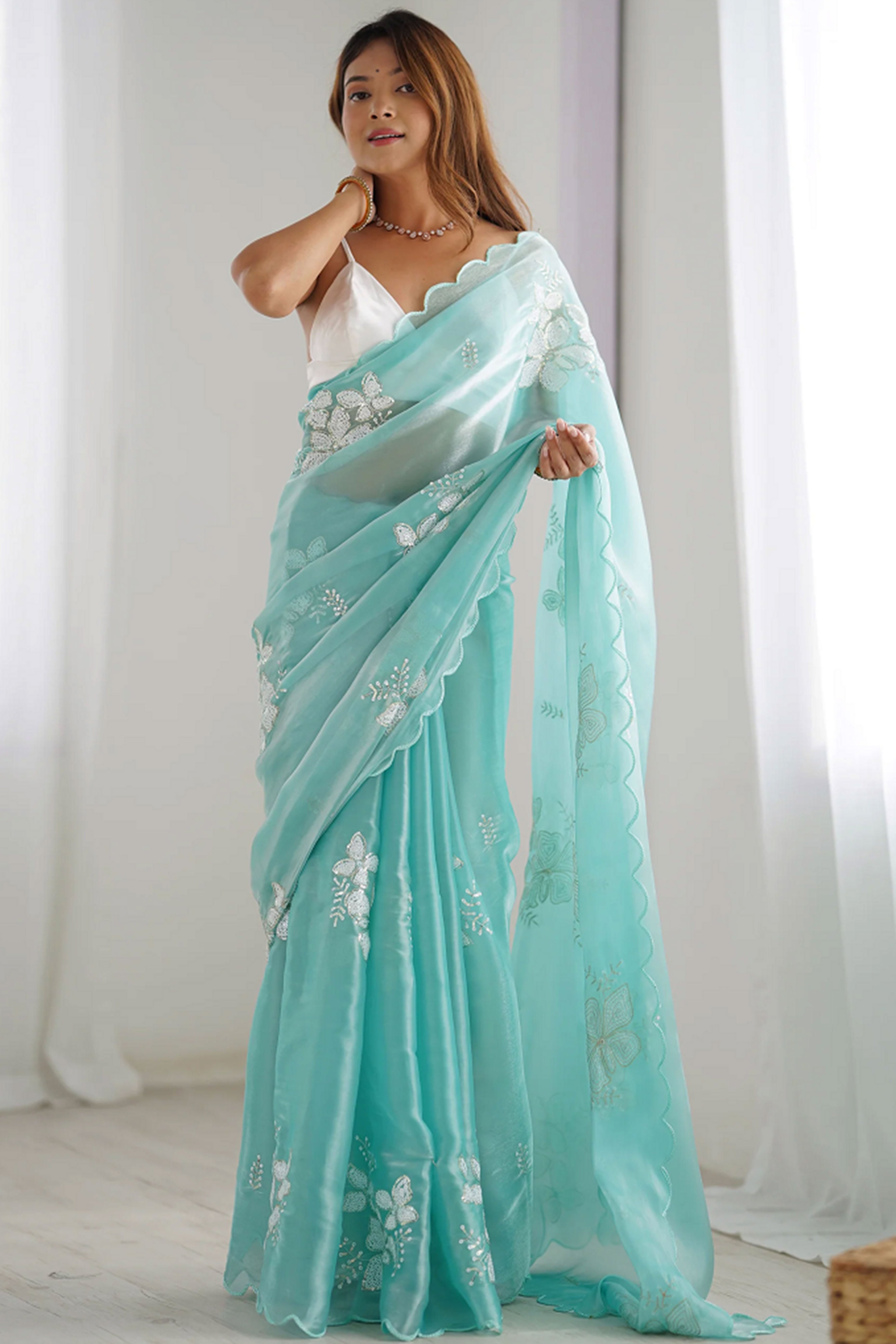 Aqua Blue Sequins Floral Embroidered Organza Saree