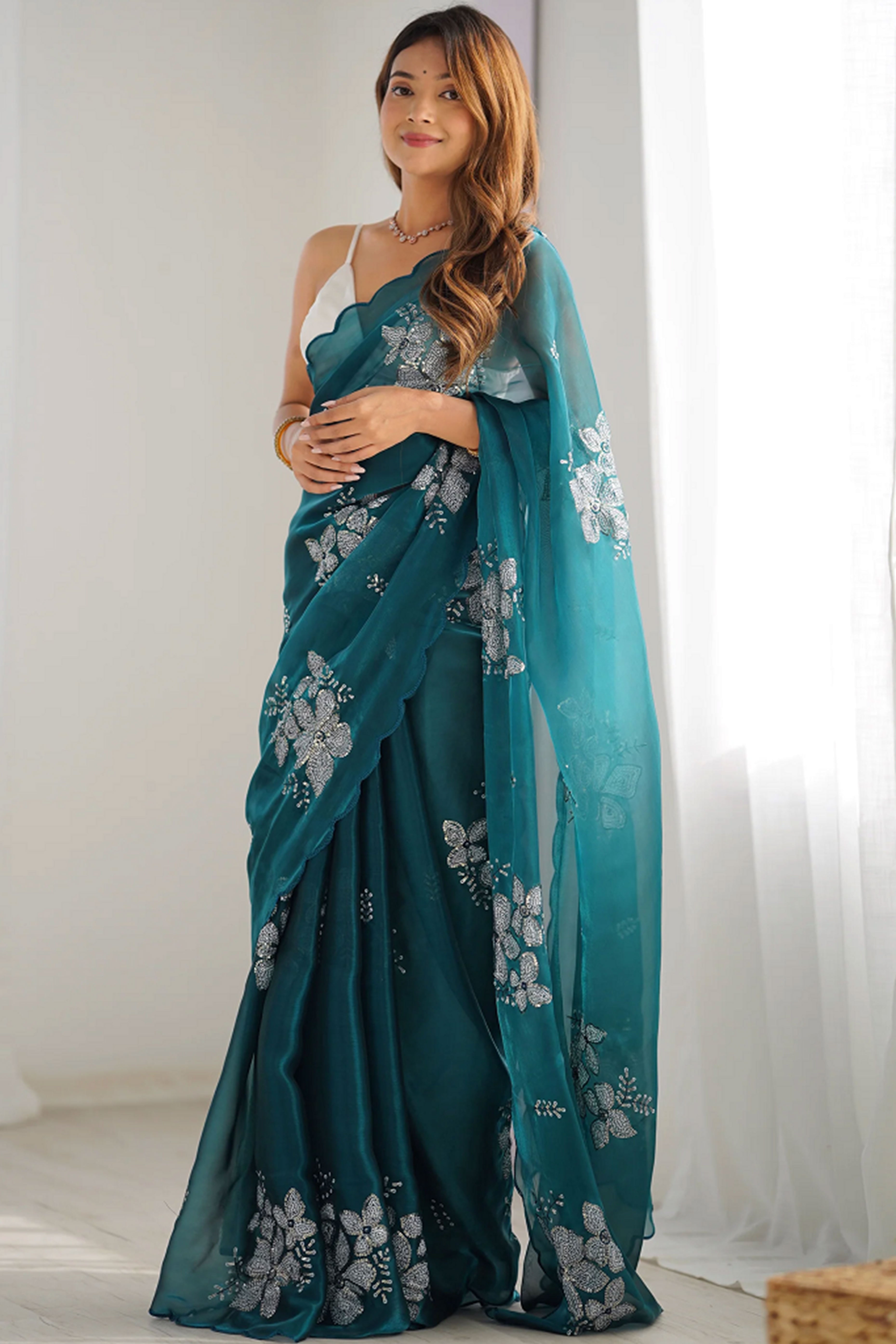 Teal Sequins Floral Embroidered Organza Saree