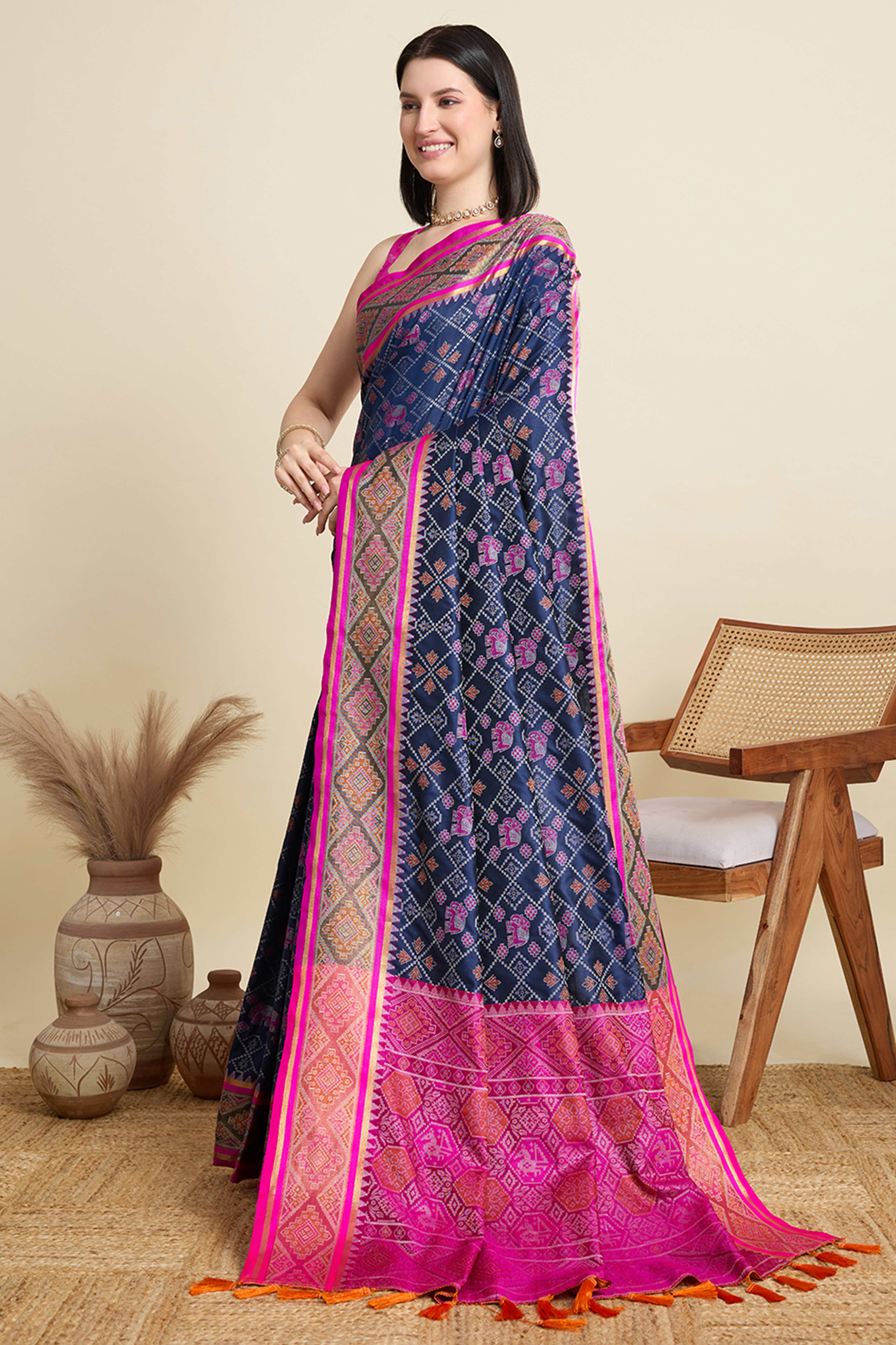 Royal Blue Silk Blend Saree Featuring Patola Prints and a Detailed Weaving Border