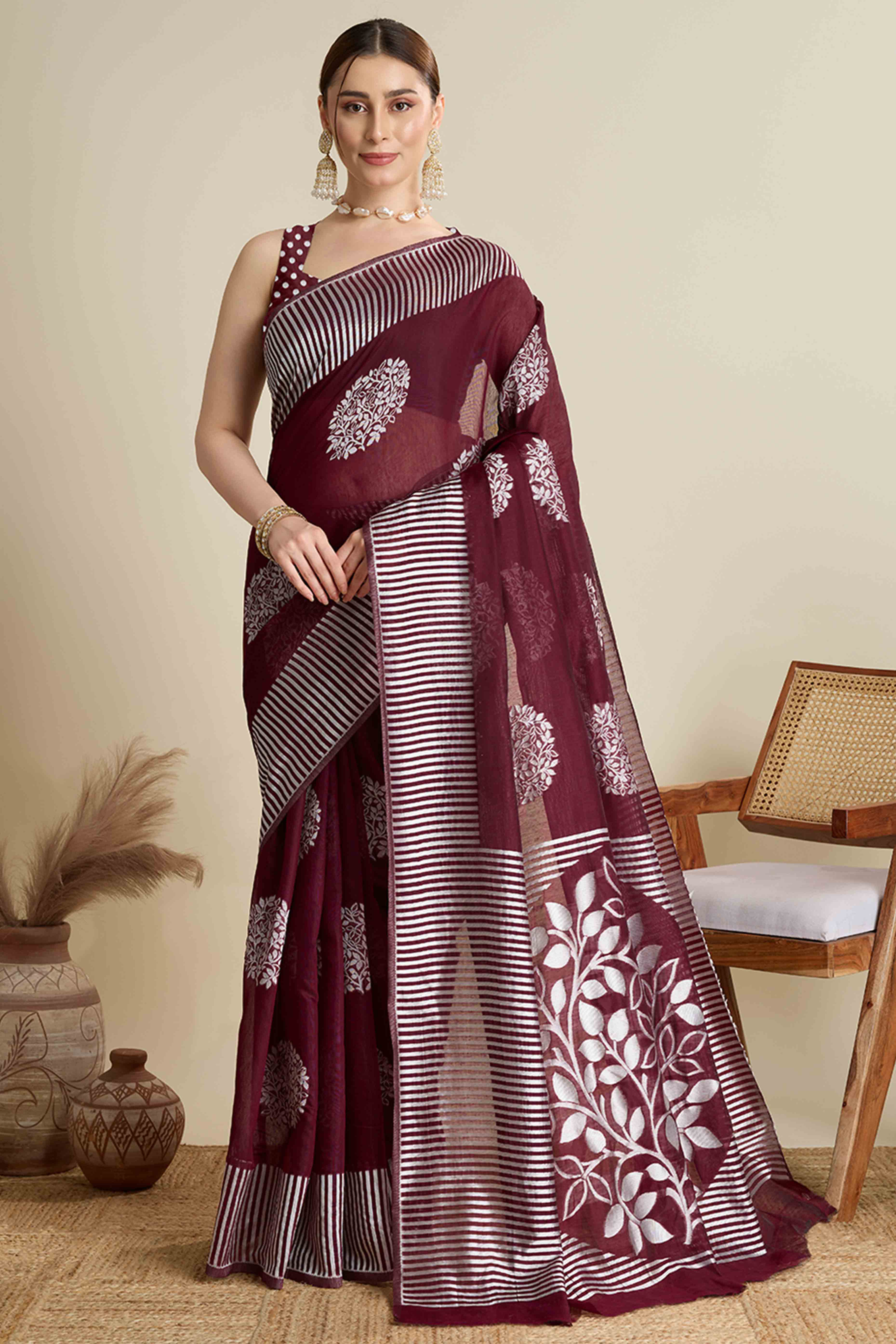 Maroon Elegance Soft Cotton Silk Saree with Beautifully Woven Floral Designs