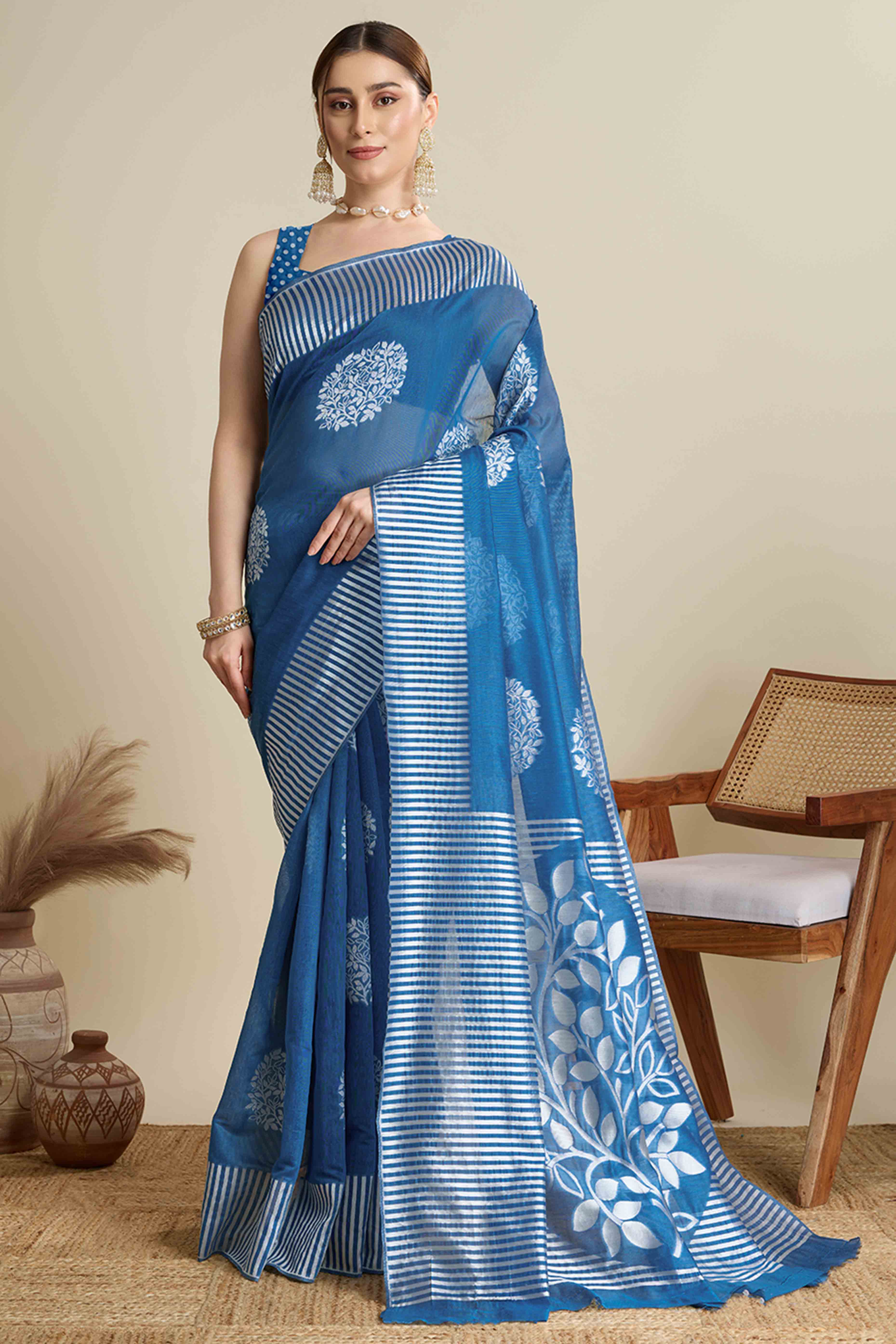 Blue Elegance Soft Cotton Silk Saree with Beautifully Woven Floral Designs