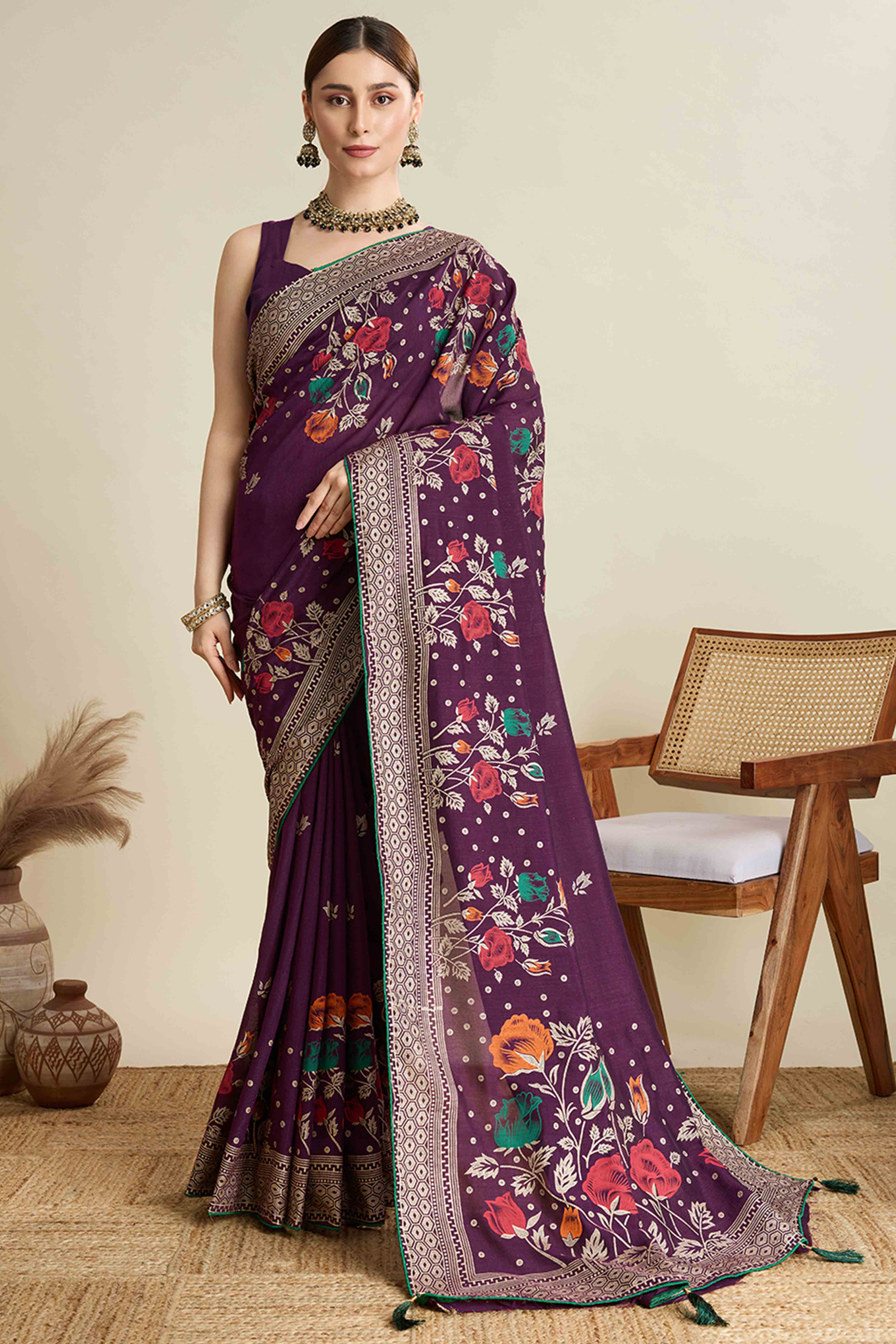 Purple Lightweight Cotton Silk Saree with Delicate Paisley Prints