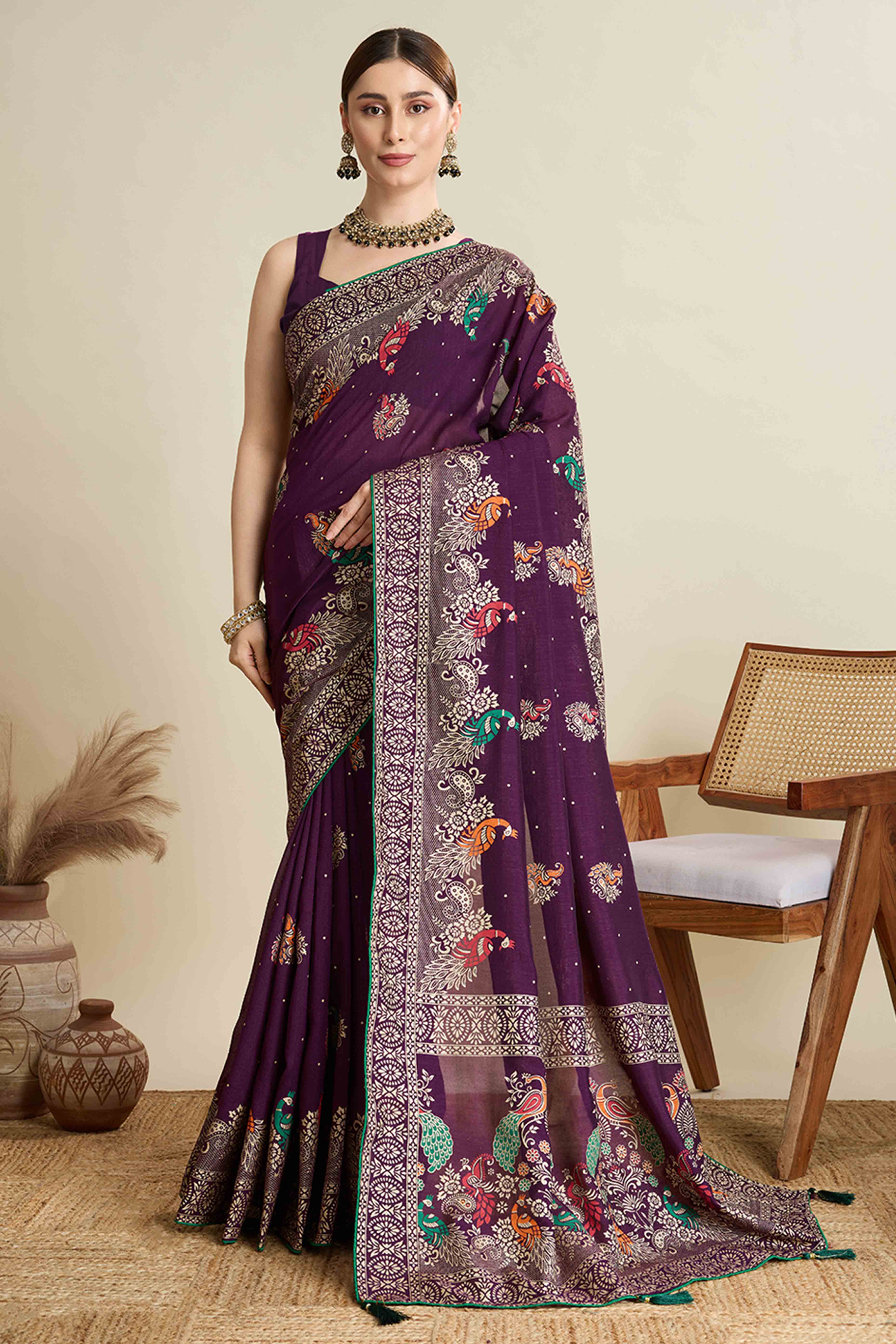 Purple Lightweight Cotton Silk Saree with Delicate Paisley Prints