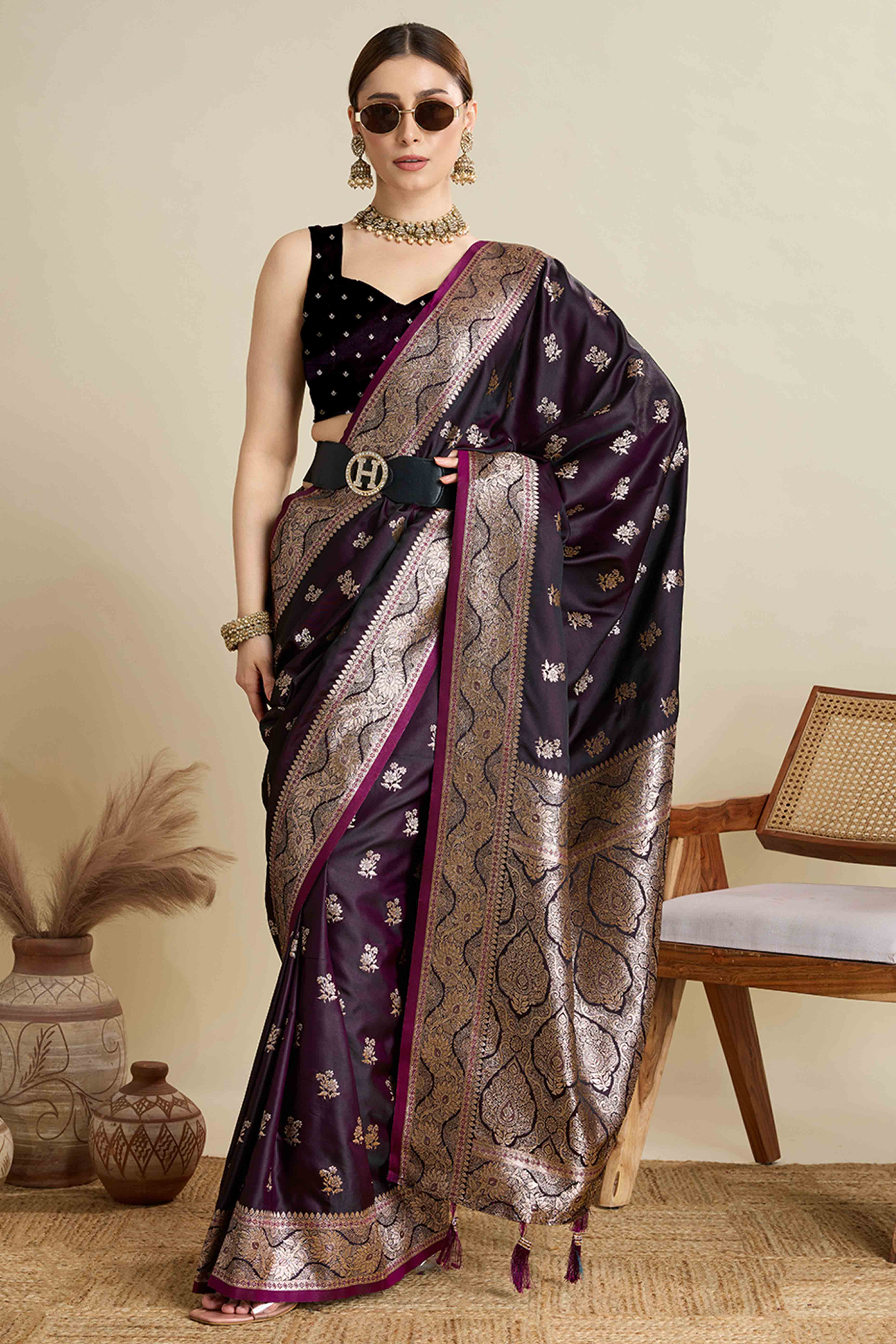 Wine Pure Silk Saree Featuring Traditional Banarasi Zari Weaving Patterns
