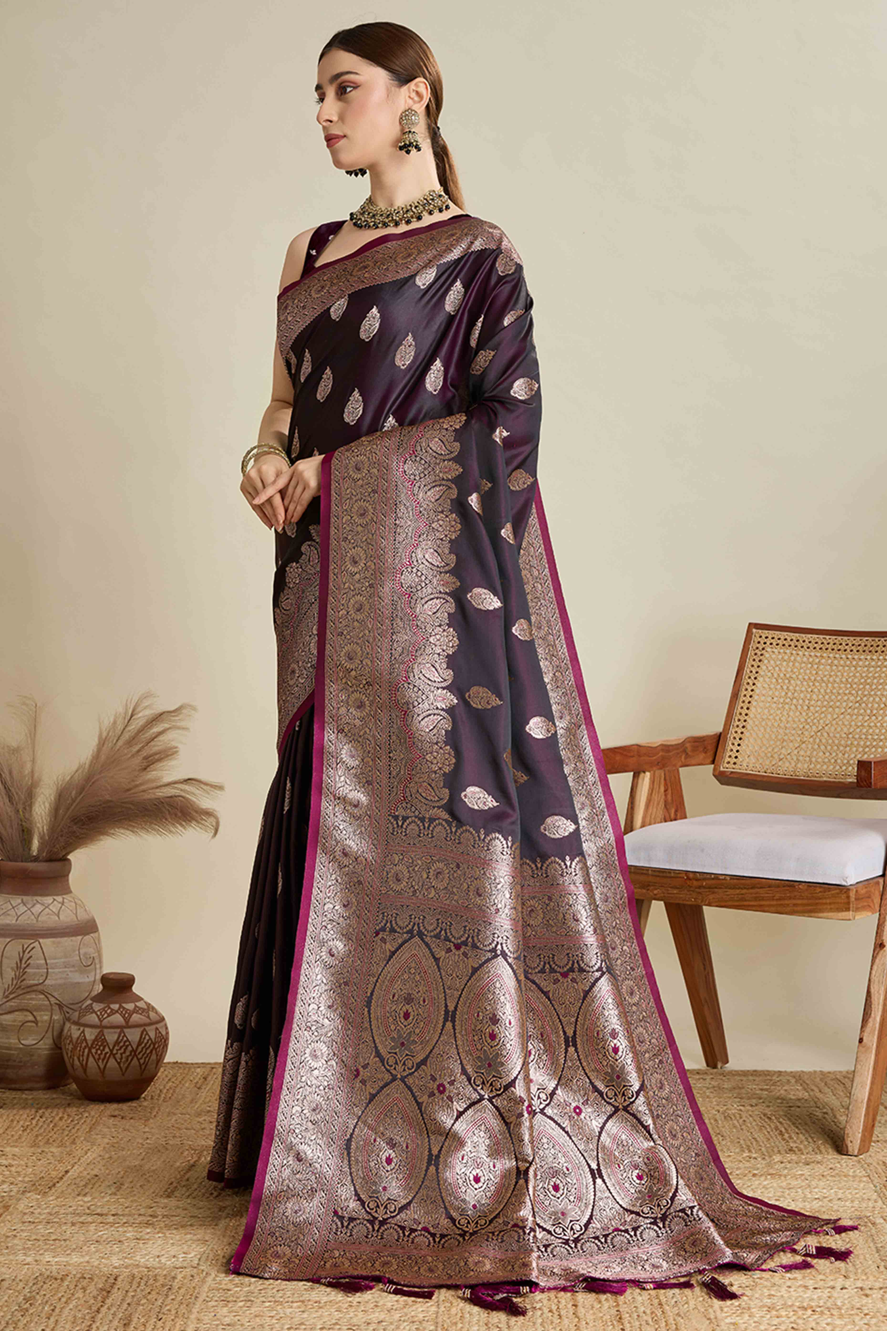 Wine Pure Silk Saree Featuring Traditional Banarasi Zari Weaving Patterns