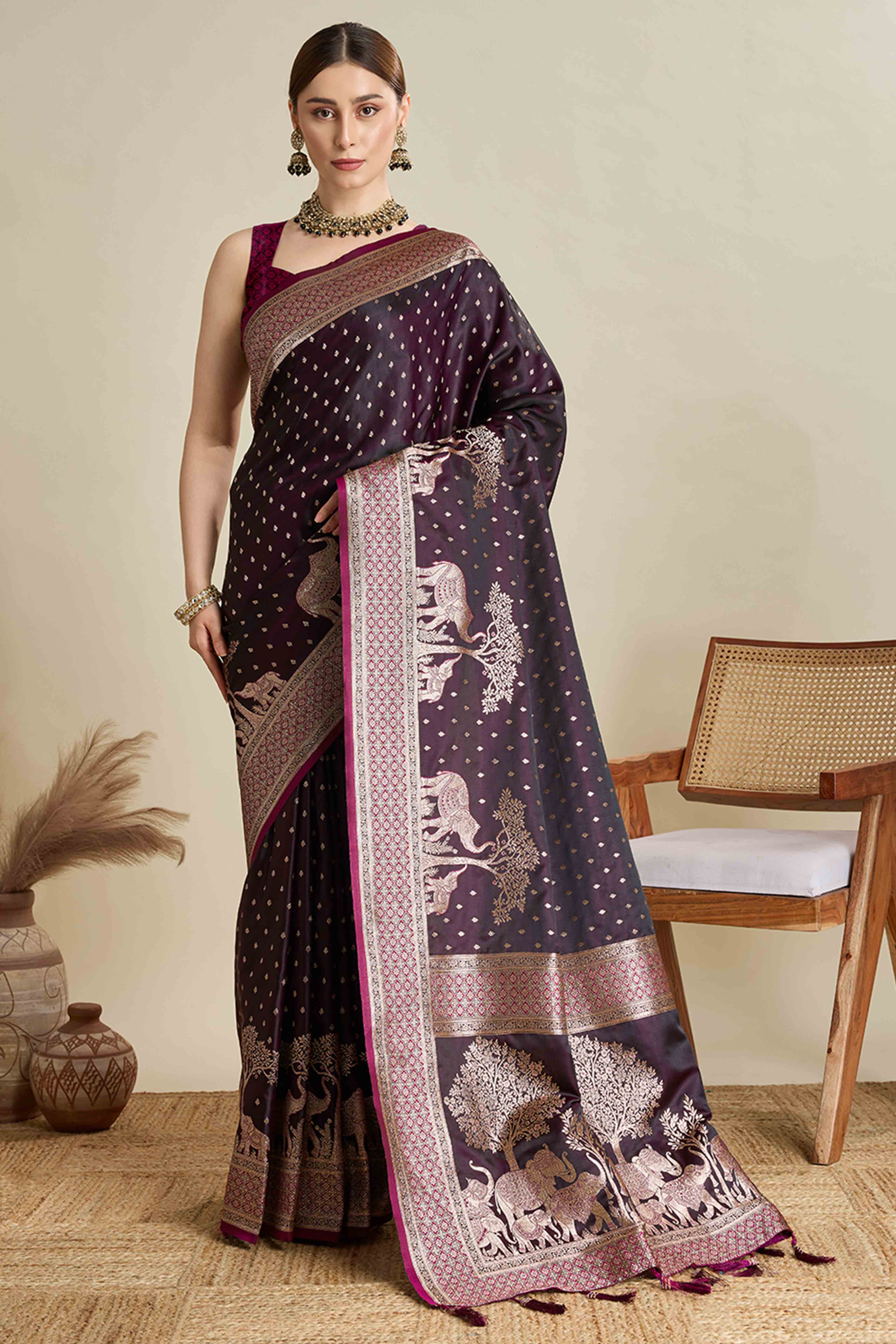 Wine Pure Silk Saree Featuring Traditional Banarasi Zari Weaving Patterns