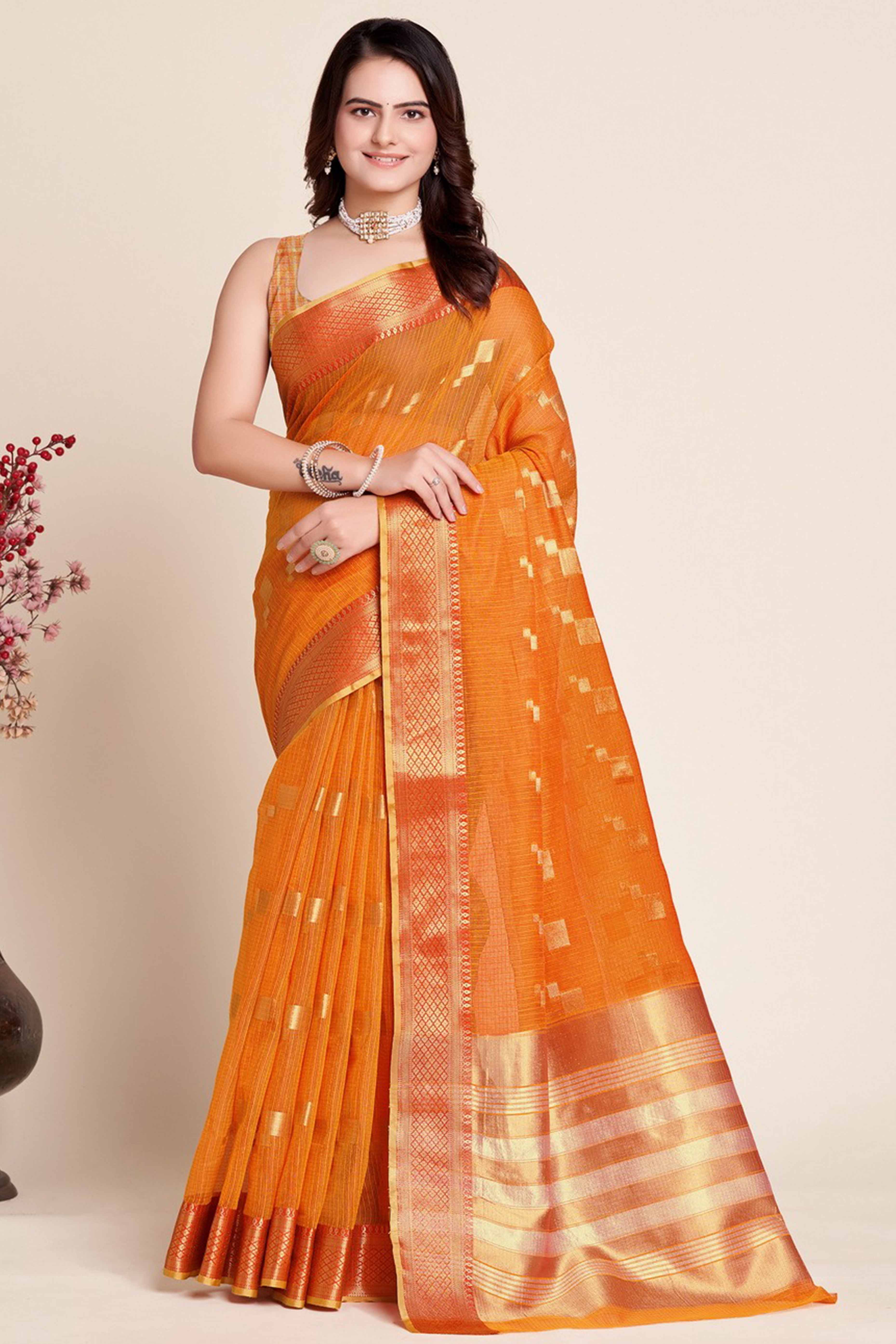 Orange Zari Weaving Kota Doria Saree