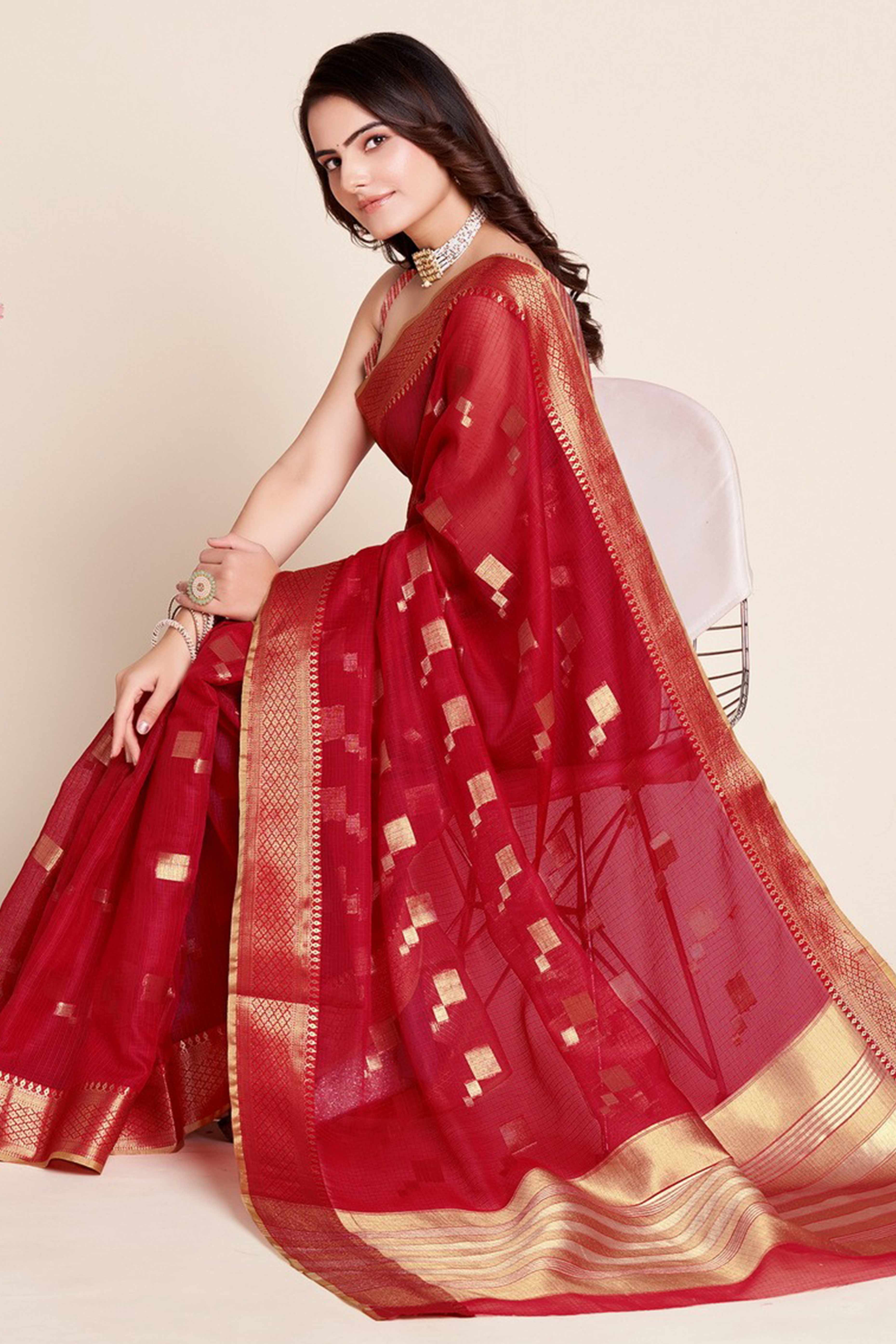 Red Zari Weaving Kota Doria Saree