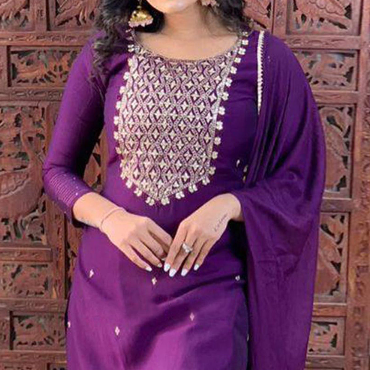 Purple Sequins Embroidered Rayon Silk Kurti Set