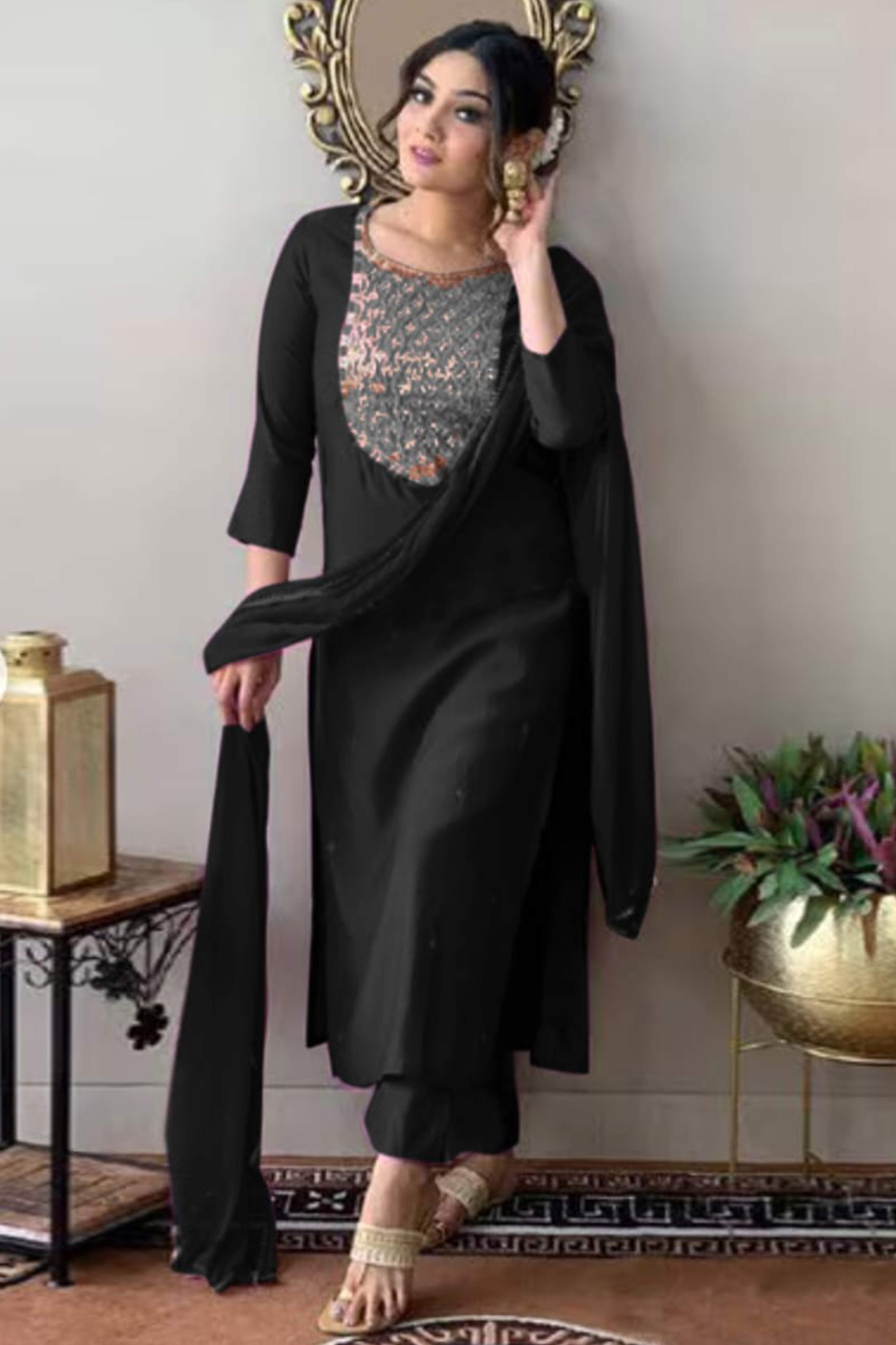 Black Sequins Embroidered Rayon Salwar Suit